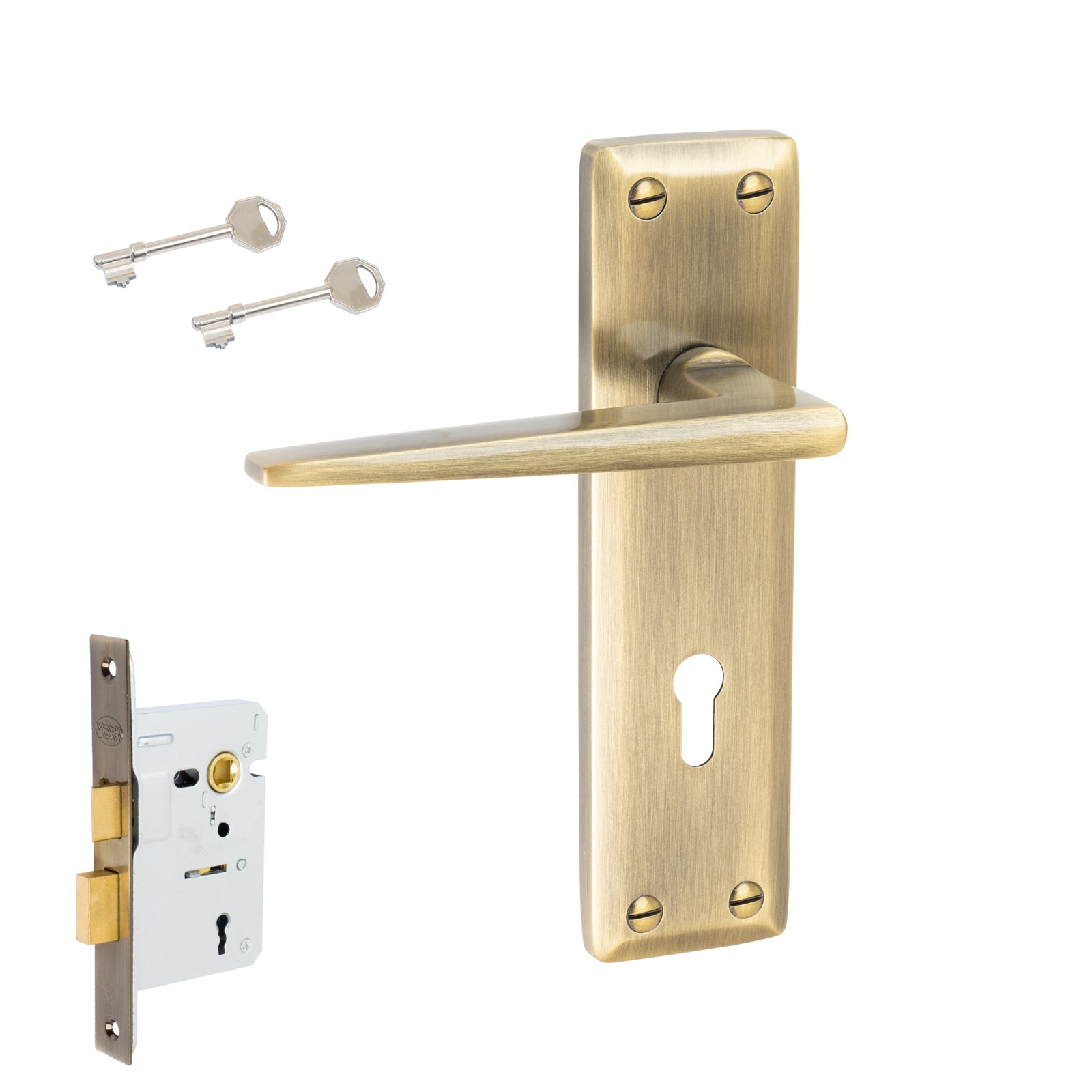 Kendal Door Handles On Plate Lock Handle Set in Aged Brass