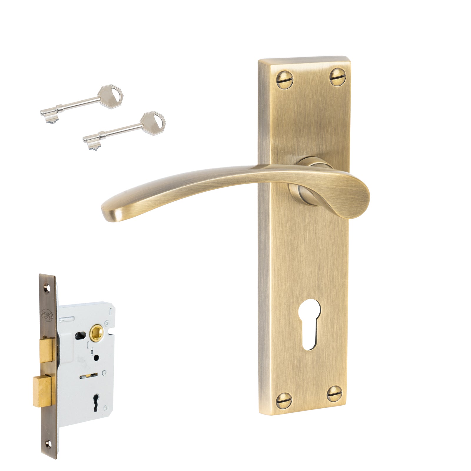 Sophia Door Handles On Plate Lock Handle Set in Aged Brass