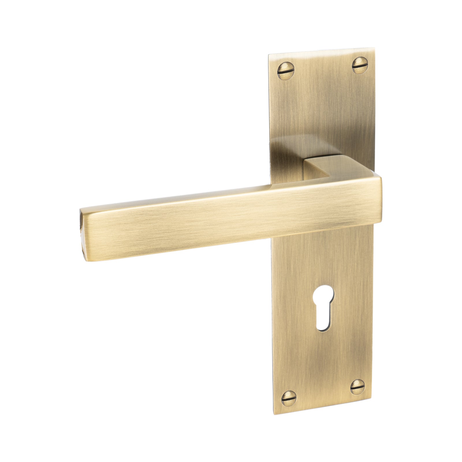 Metro Door Handles On Plate Lock Handle in Aged Brass 