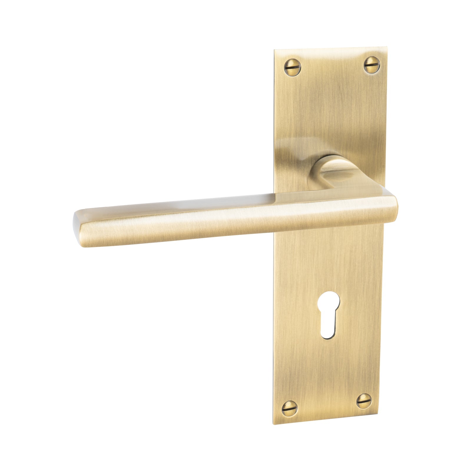 Trident Door Handles On Plate Lock Handle in Aged Brass