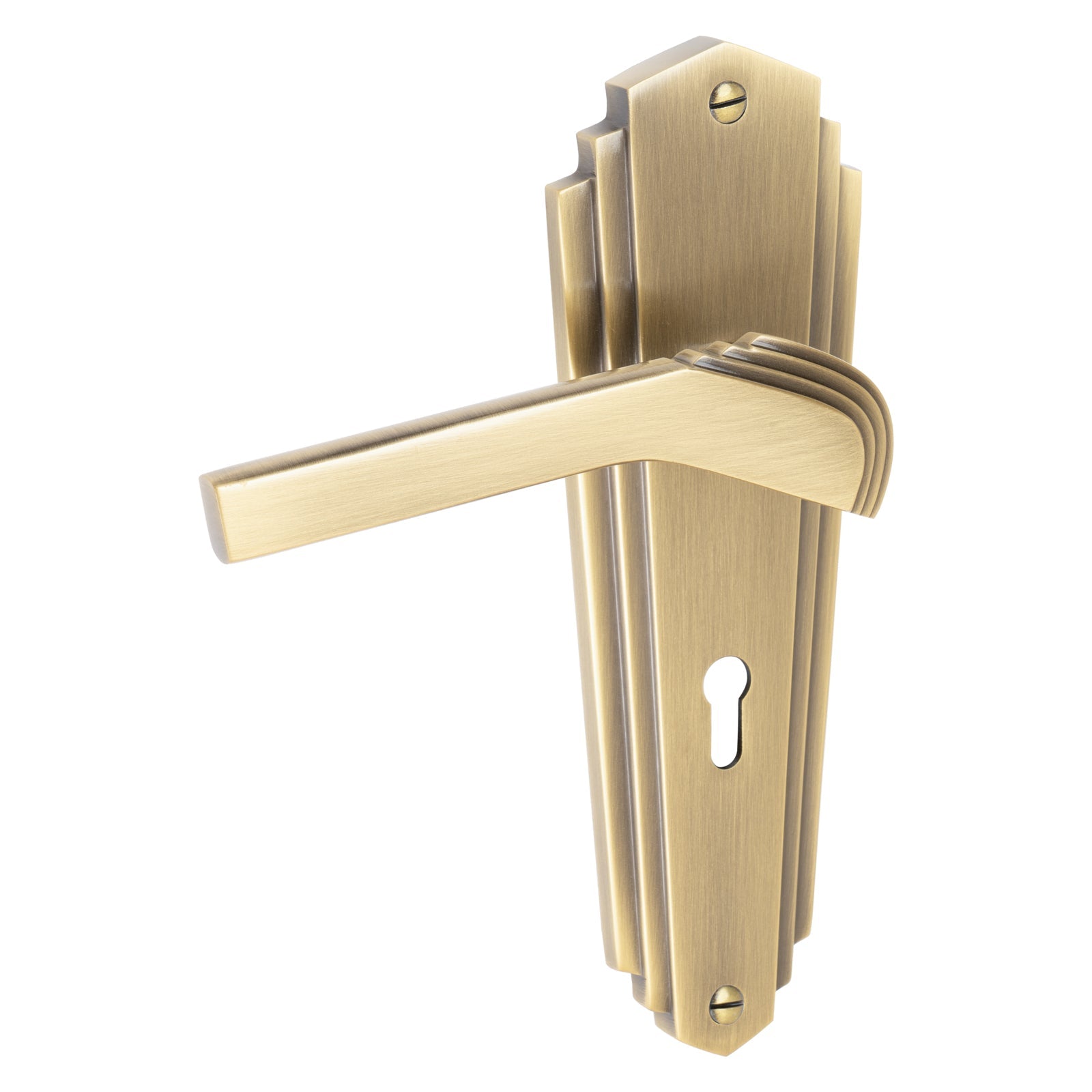 Waldorf Door Handles On Plate Lock Handle in Aged Brass