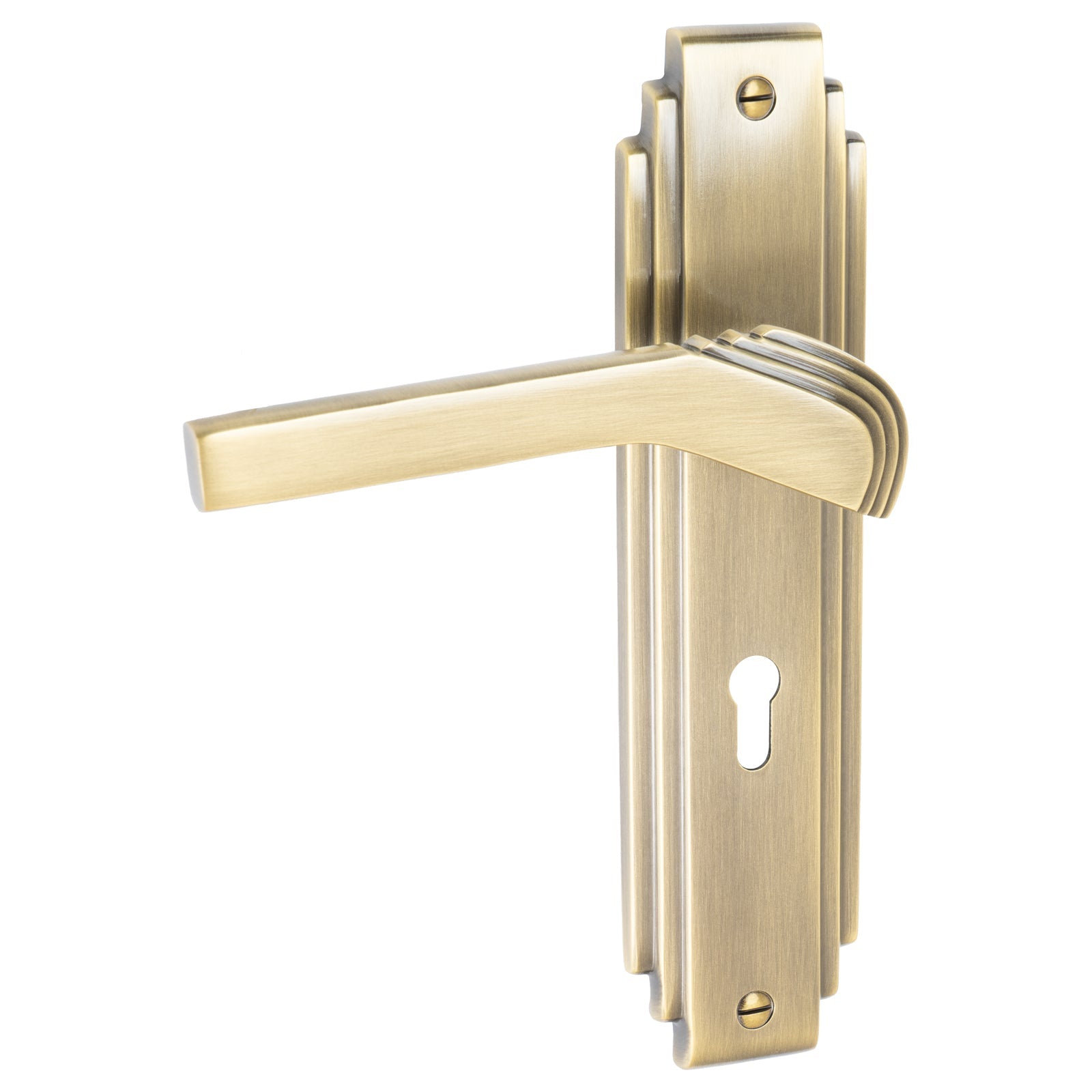 Tiffany Door Handles On Plate Lock Handle in Aged Brass