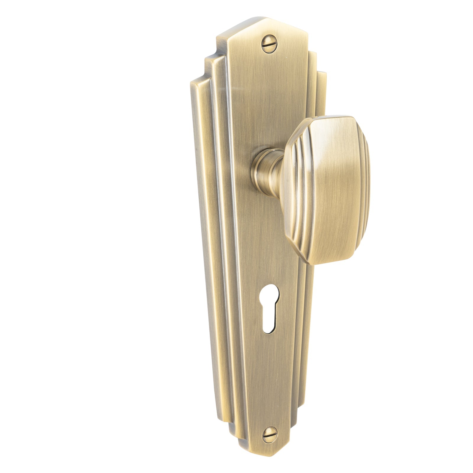 Charlston Door Handles On Plate Lock Handle in Aged Brass