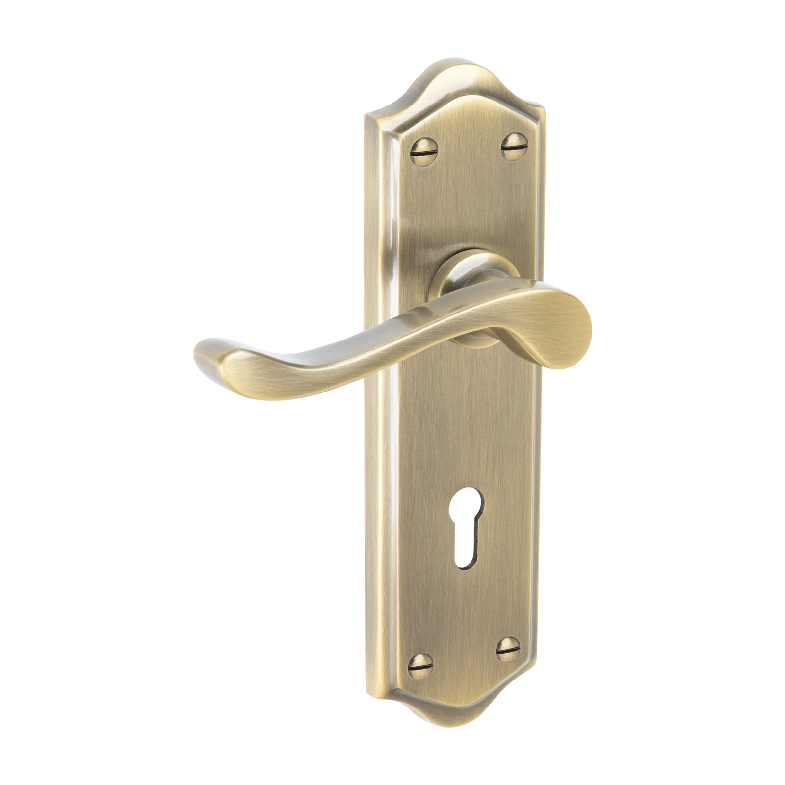 Buckingham Door Handles On Plate Lock Handle in Aged Brass