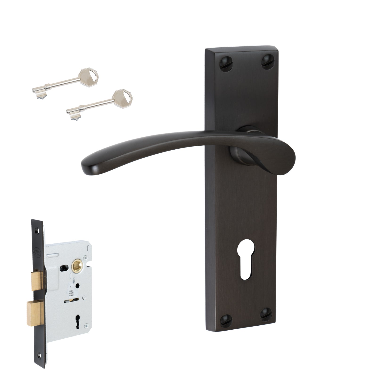 Sophia Door Handles On Plate Lock Handle Set in Matt Bronze