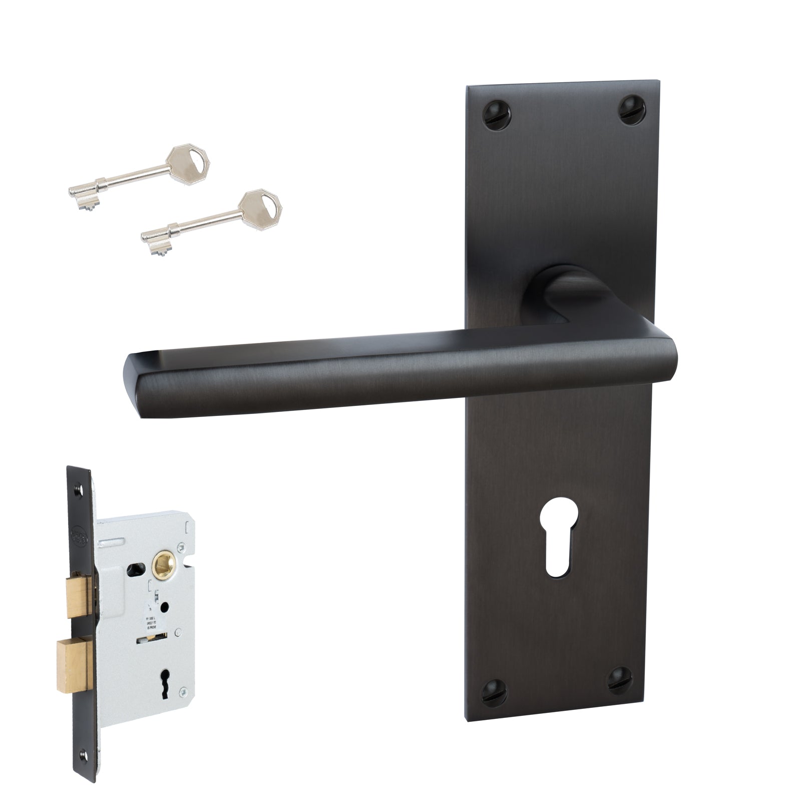 Trident Door Handles On Plate Lock Handle Set in Matt Bronze