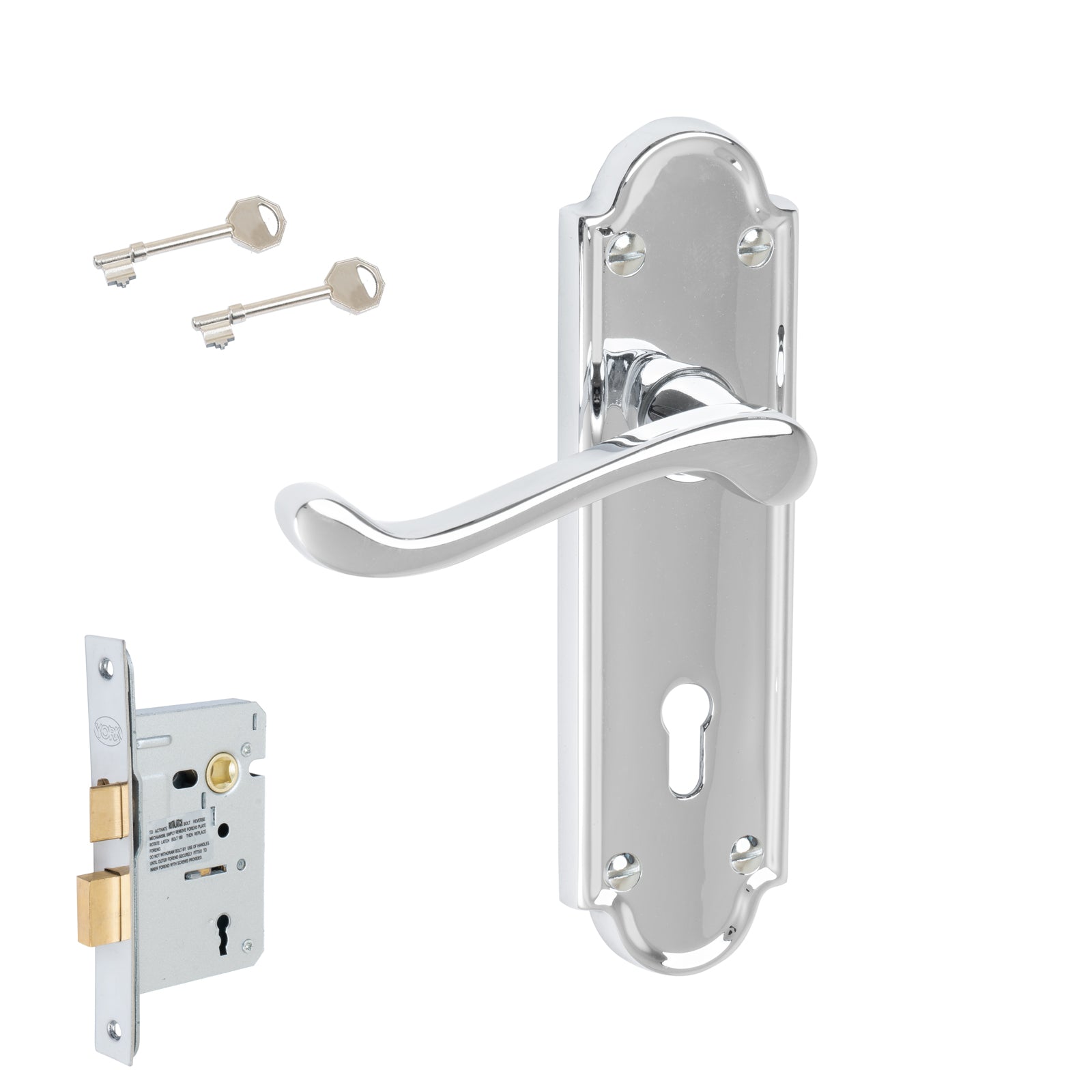 Meridian Door Handles On Plate Lock Handle Set in Polished Chrome