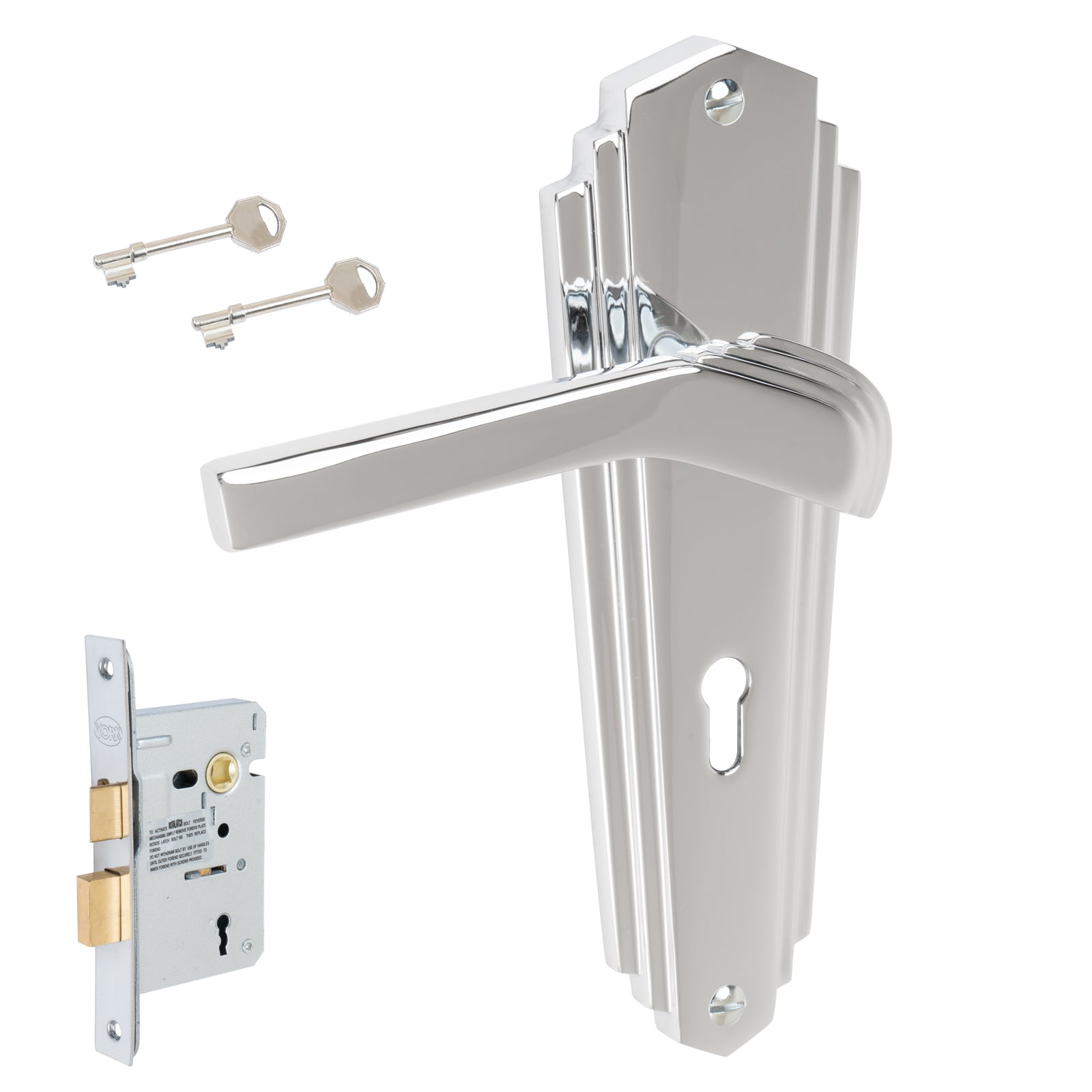 Waldorf Door Handles On Plate Lock Handle Set in Polished Chrome