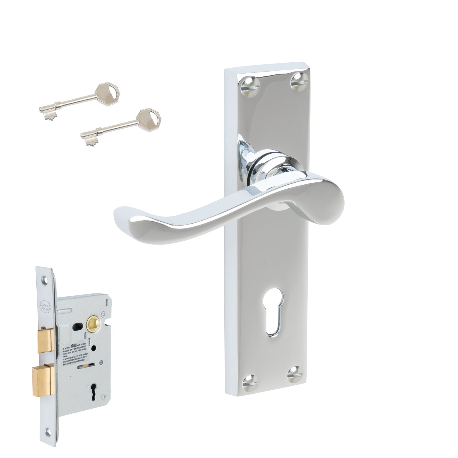 Bedford Door Handles On Plate Lock Handle Set in Polished Chrome