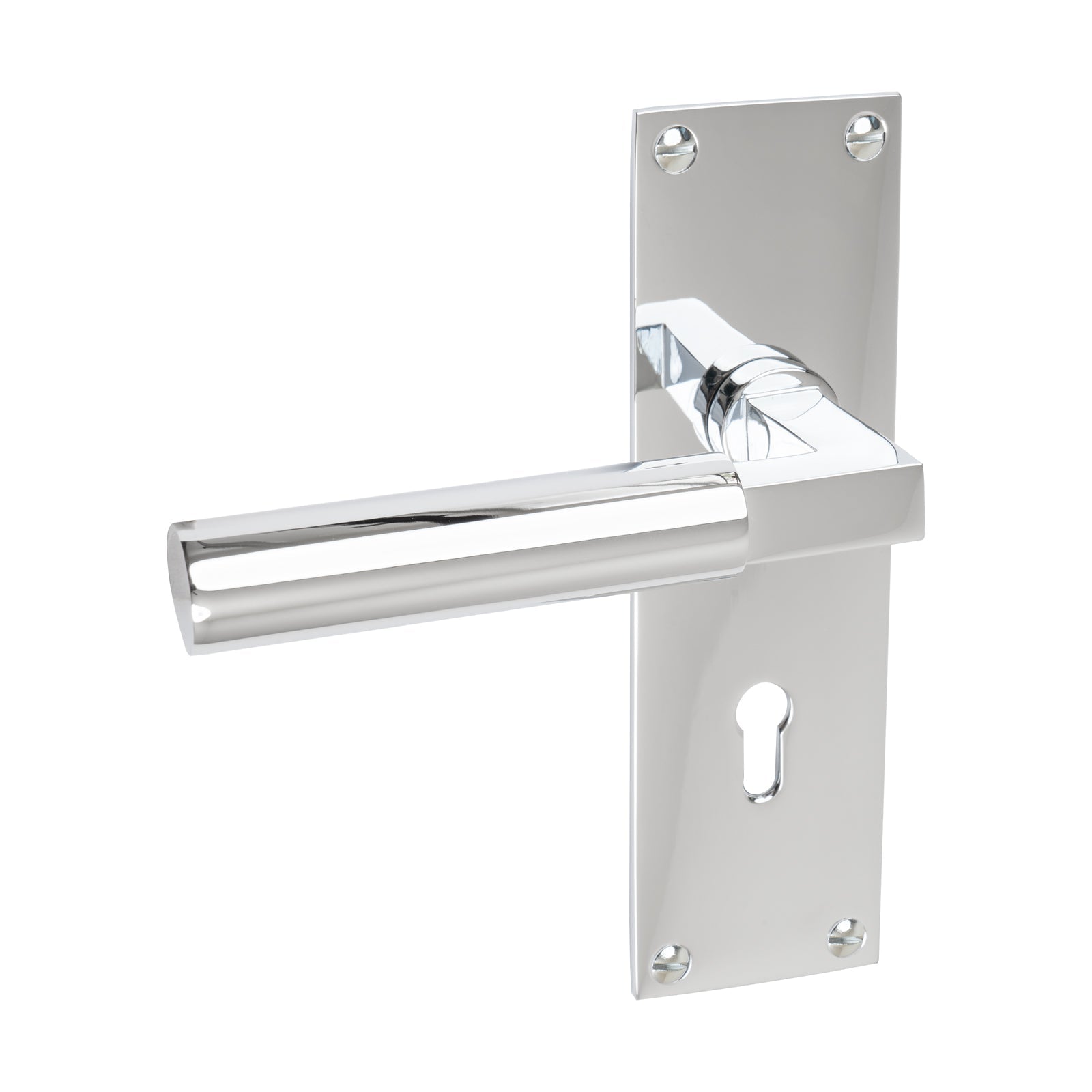 Bauhaus Door Handles On Plate Lock Handle in Polished Chrome