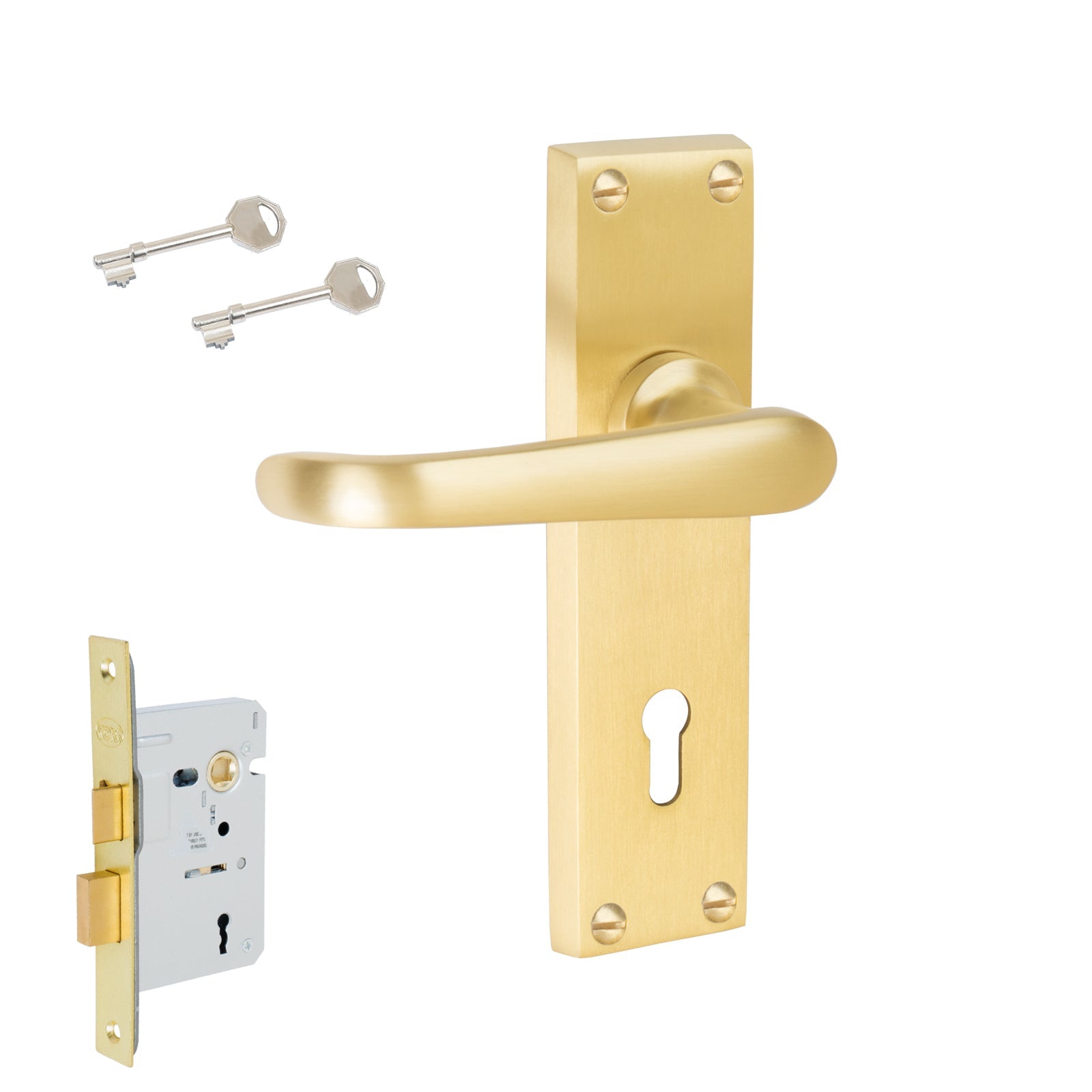 Windsor Door Handles On Plate Lock Handle Set in Satin Brass