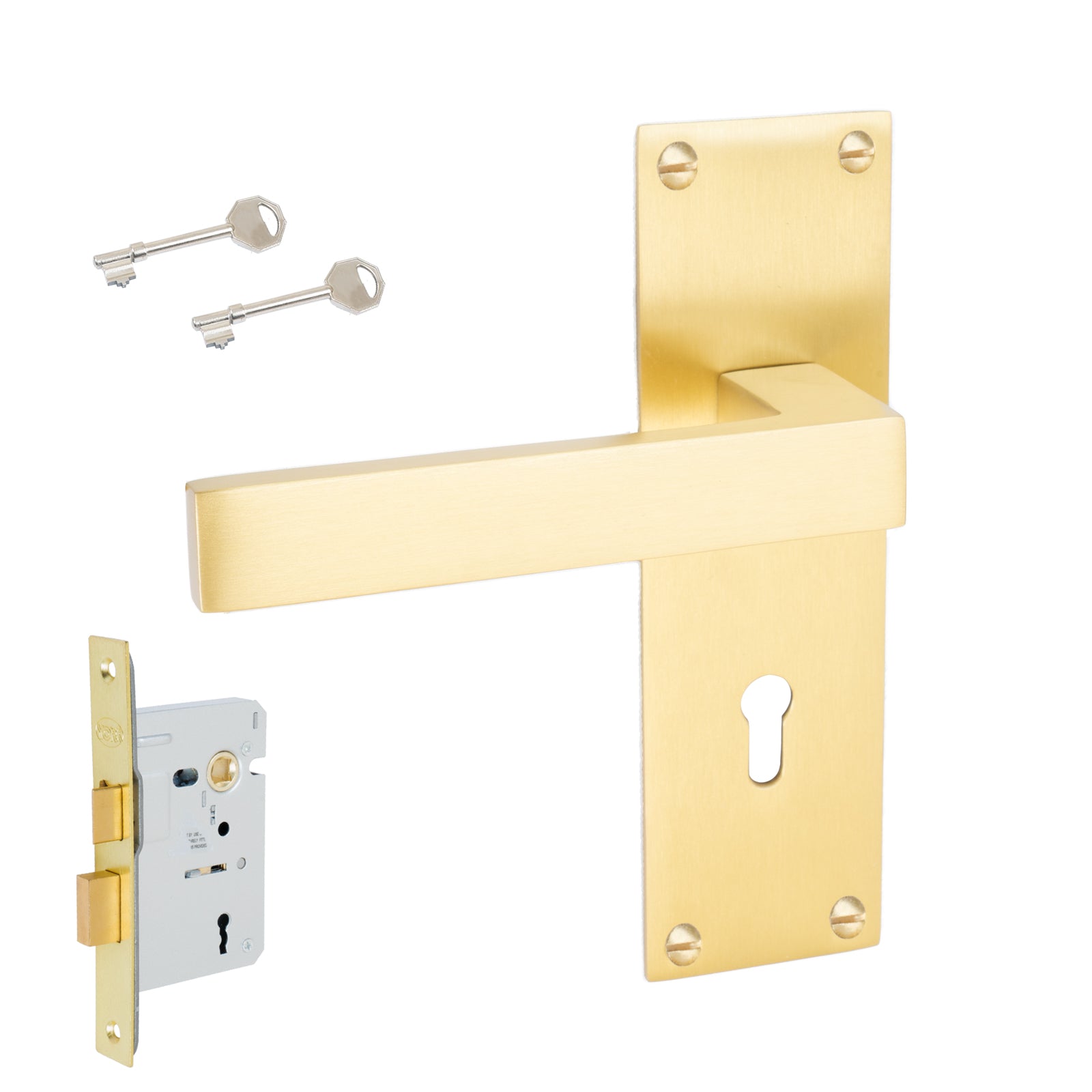 Metro Door Handles On Plate Lock Handle Set in Satin Brass