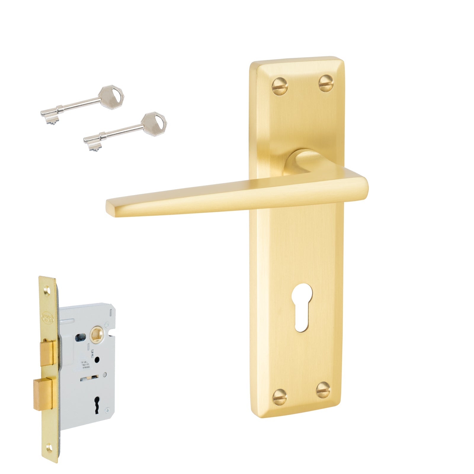 Kendal Door Handles On Plate Lock Handle Set in Satin Brass