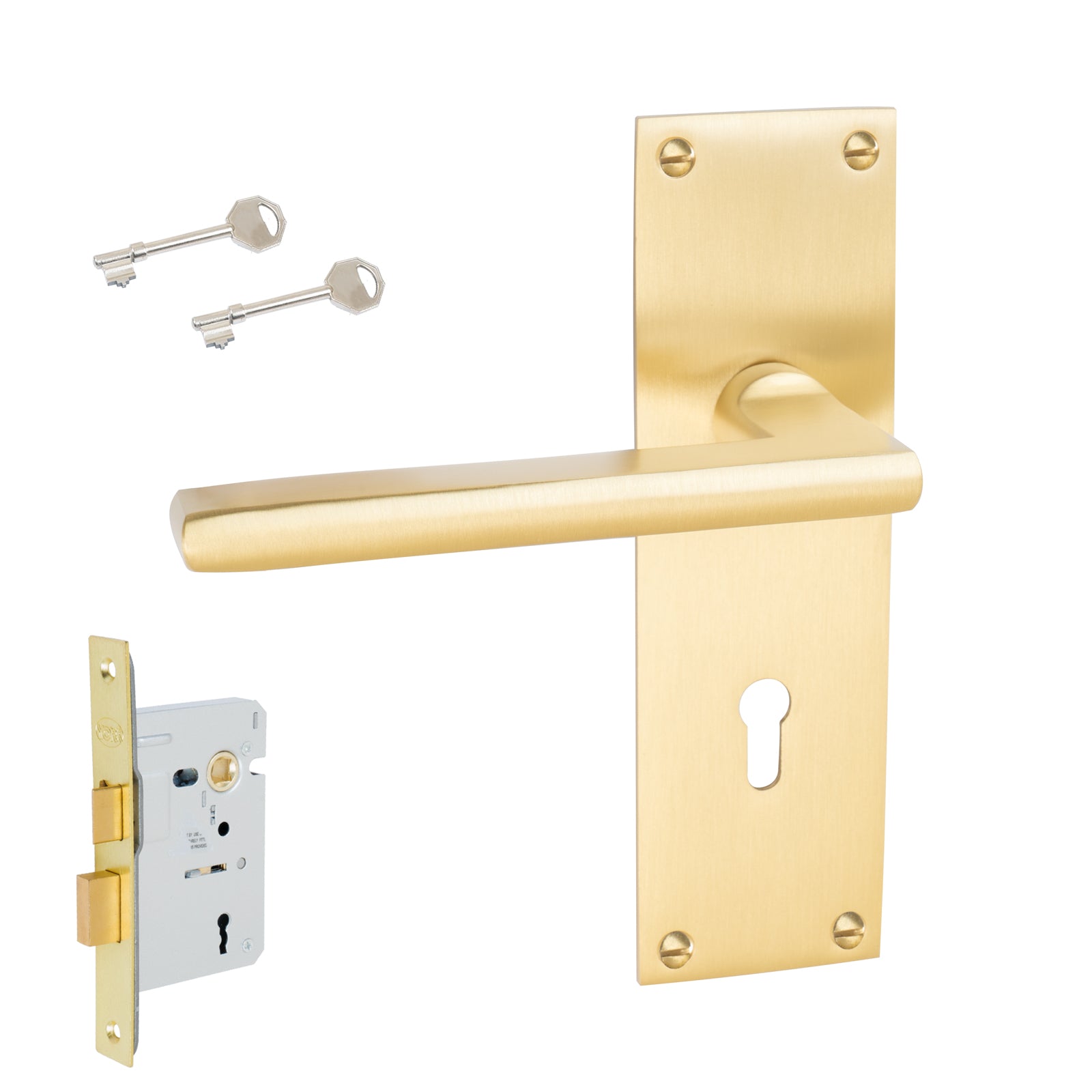 Trident Door Handles On Plate Lock Handle Set in Satin Brass