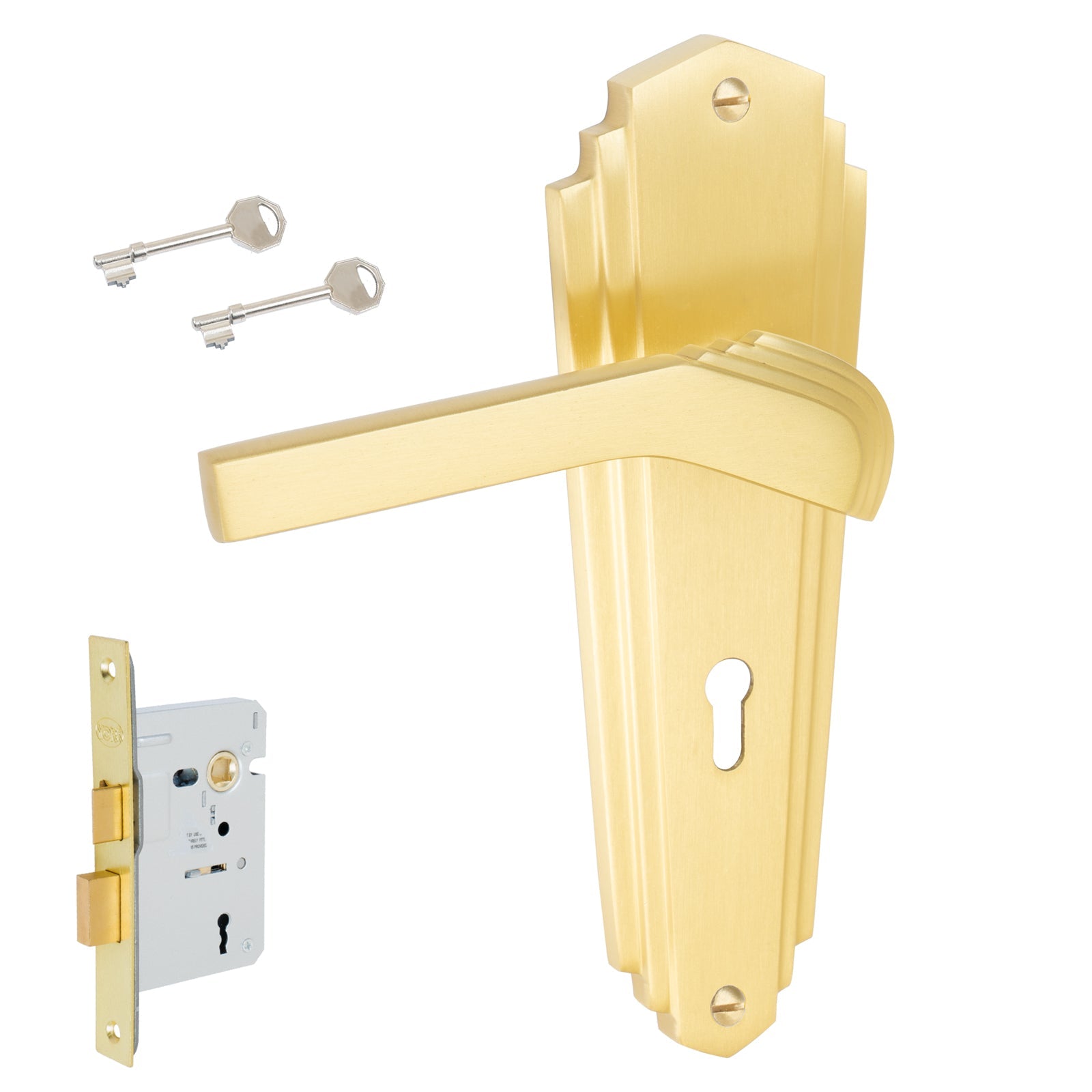 Waldorf Door Handles On Plate Lock Handle Set in Satin Brass