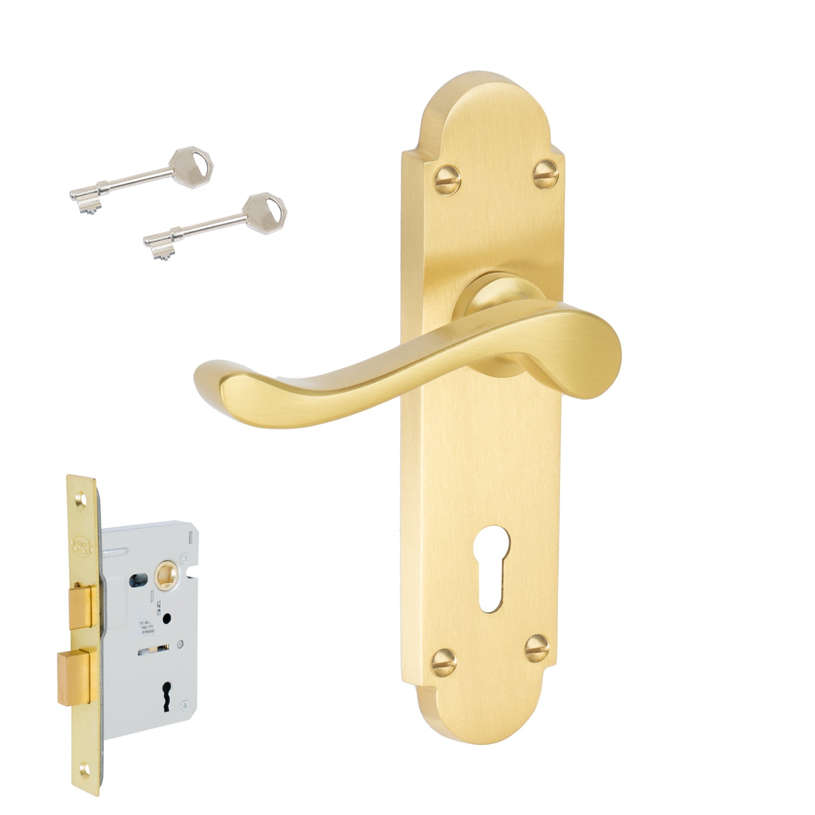 Savoy Door Handles On Plate Lock Handle Set in Satin Brass