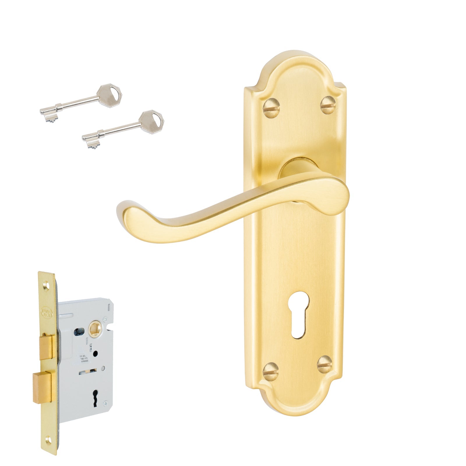 Meridian Door Handles On Plate Lock Handle Set in Satin Brass