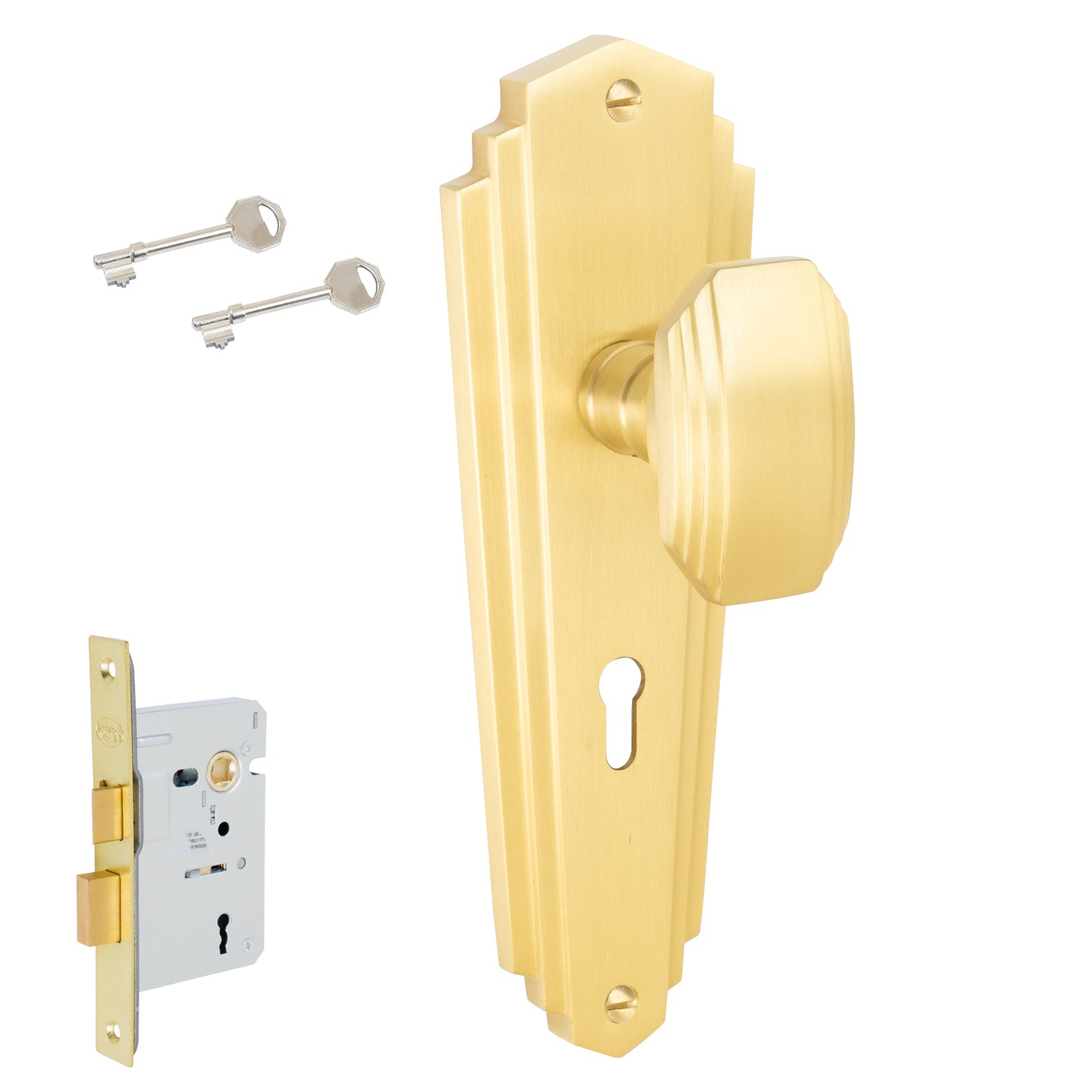 Charlston Door Handles On Plate Lock Handle Set in Satin Brass