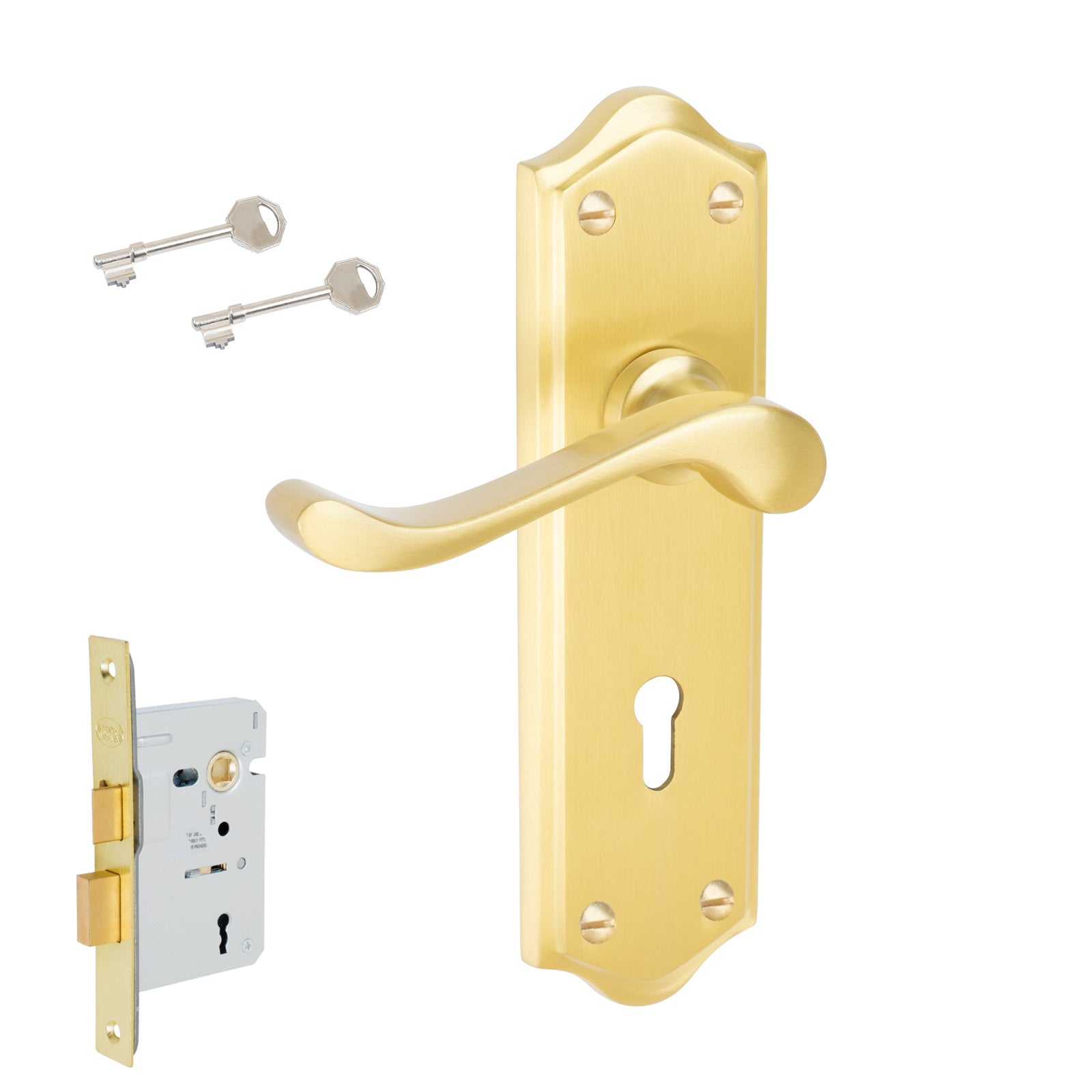 Buckingham Door Handles On Plate Lock Handle Set in Satin Brass