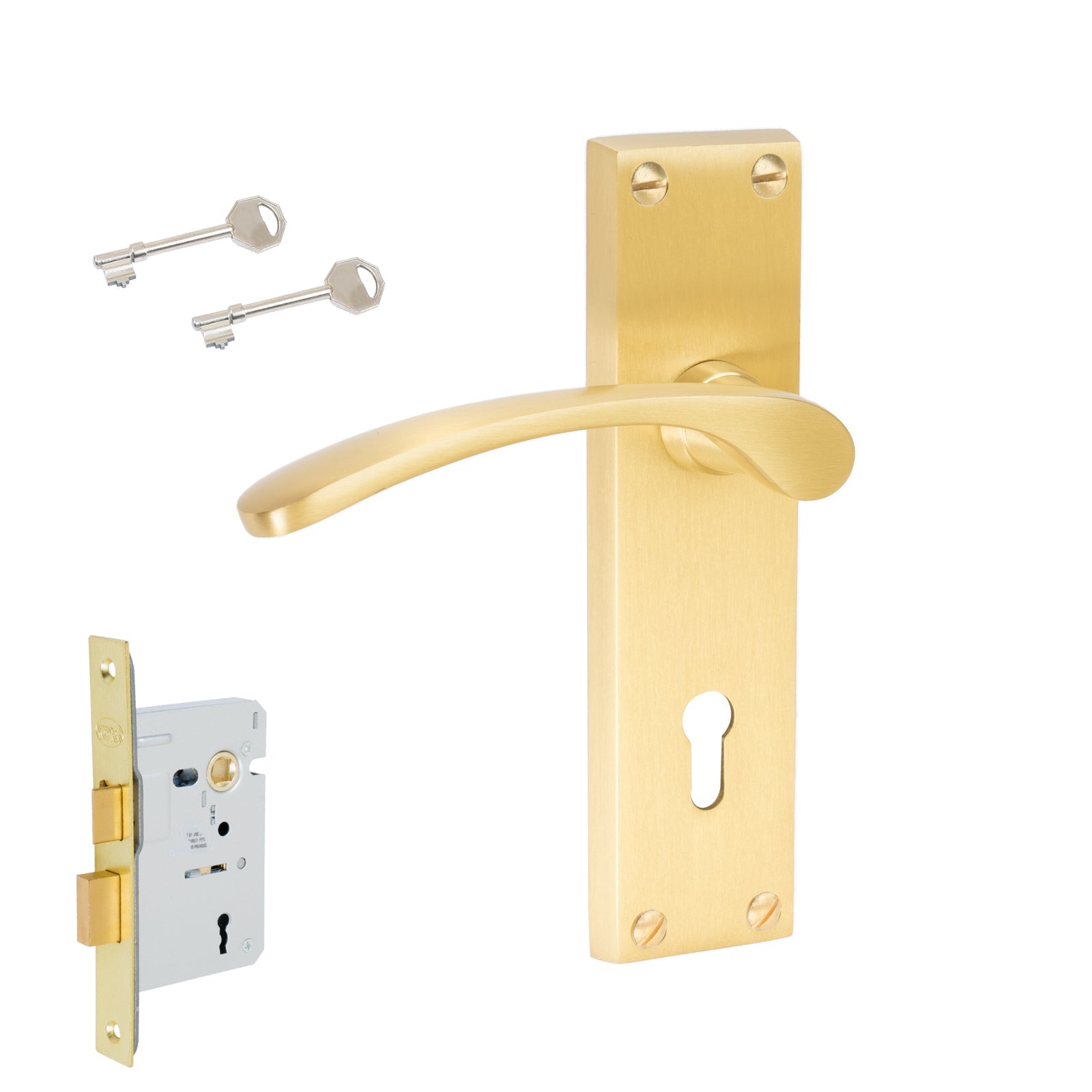 Sophia Door Handles On Plate Lock Handle Set in Satin Brass