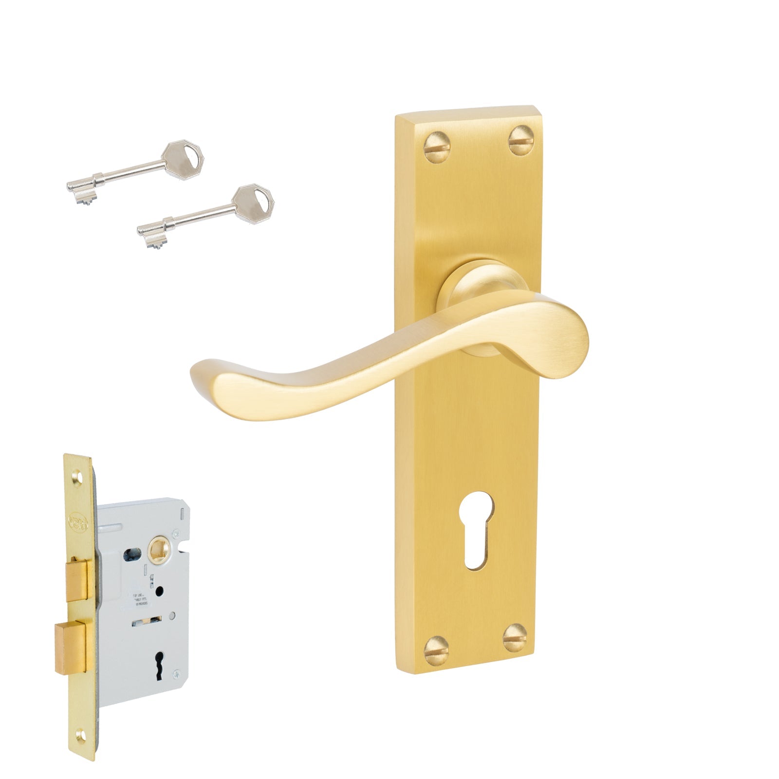 Bedford Door Handles On Plate Lock Handle Set in Satin Brass