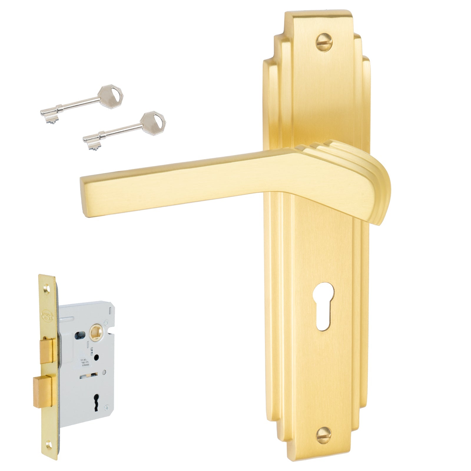 Tiffany Door Handles On Plate Lock Handle Set in Satin Brass