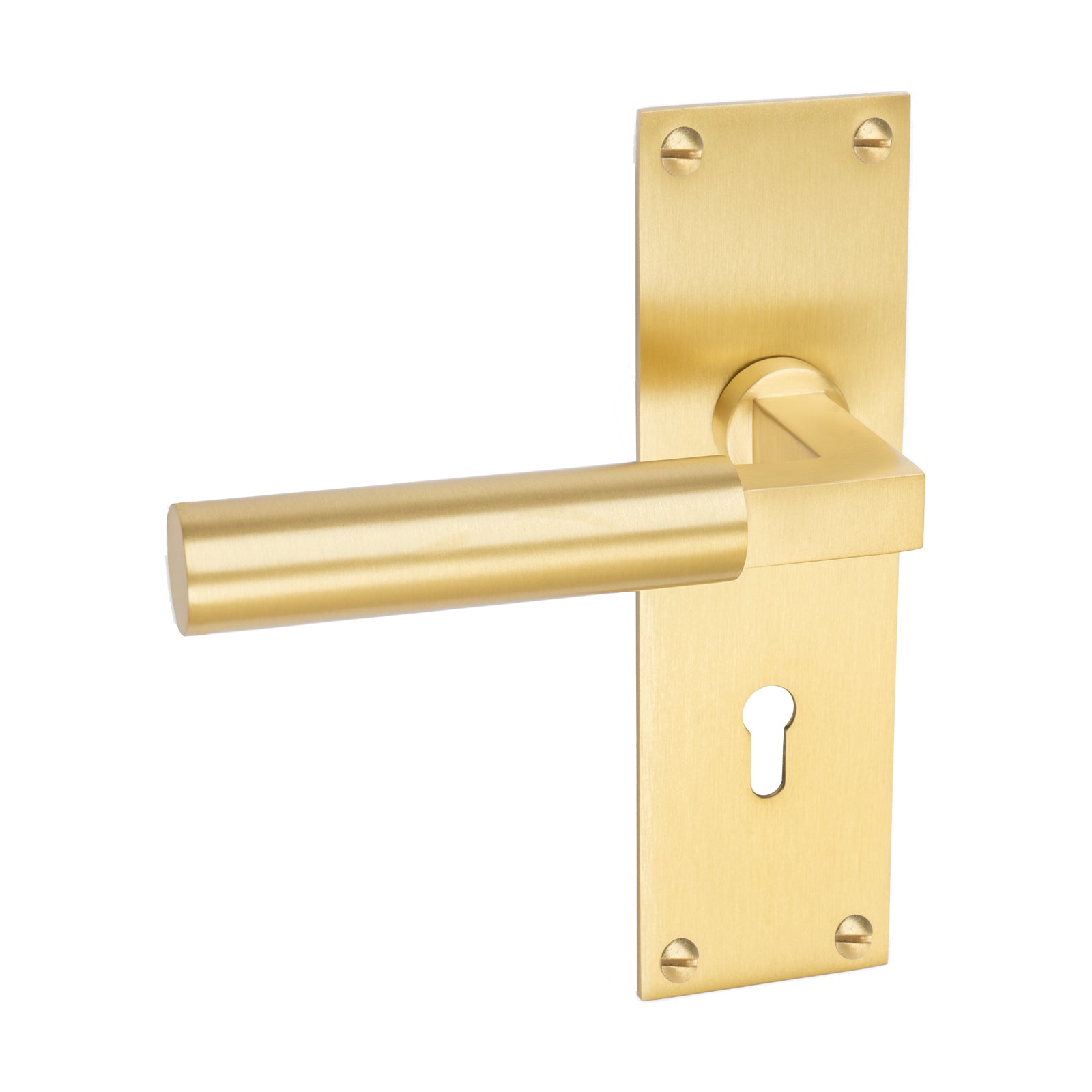 Bauhaus Door Handles On Plate Lock Handle in Satin Brass