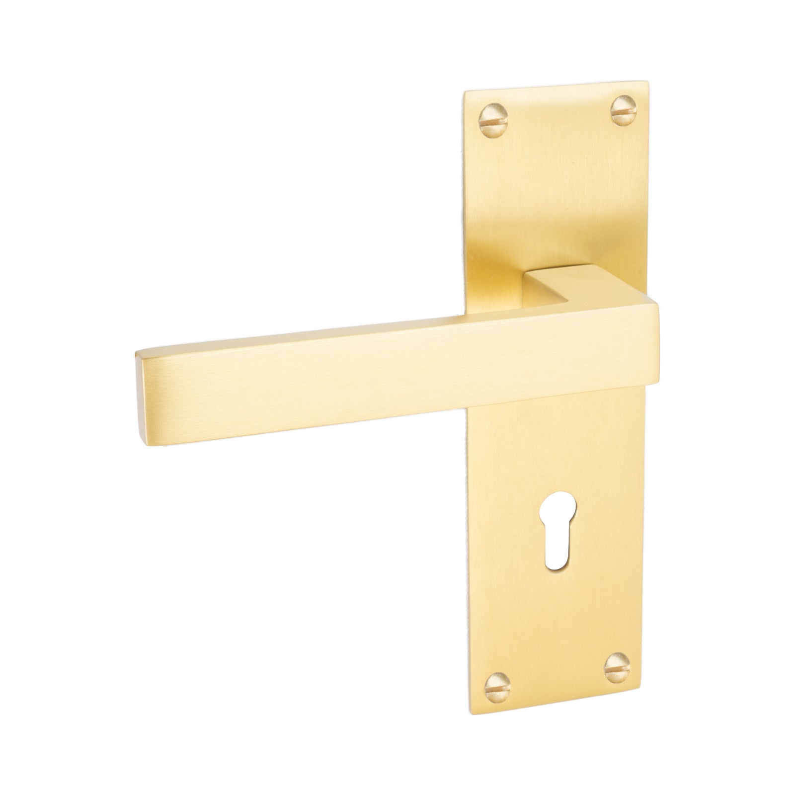 Metro Door Handles On Plate Lock Handle in Satin Brass 