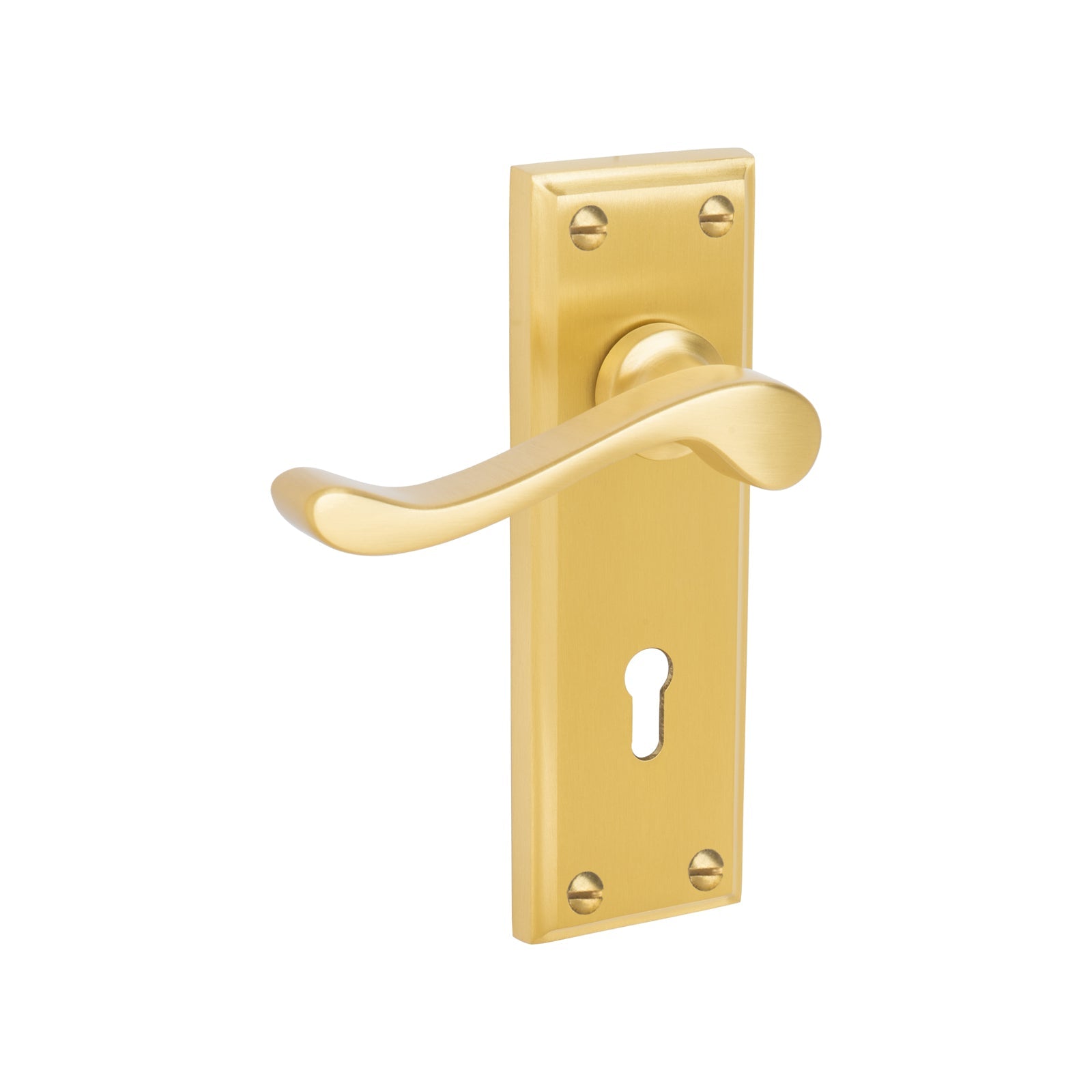 Edwardian Door Handles On Plate Lock Handle in Satin Brass