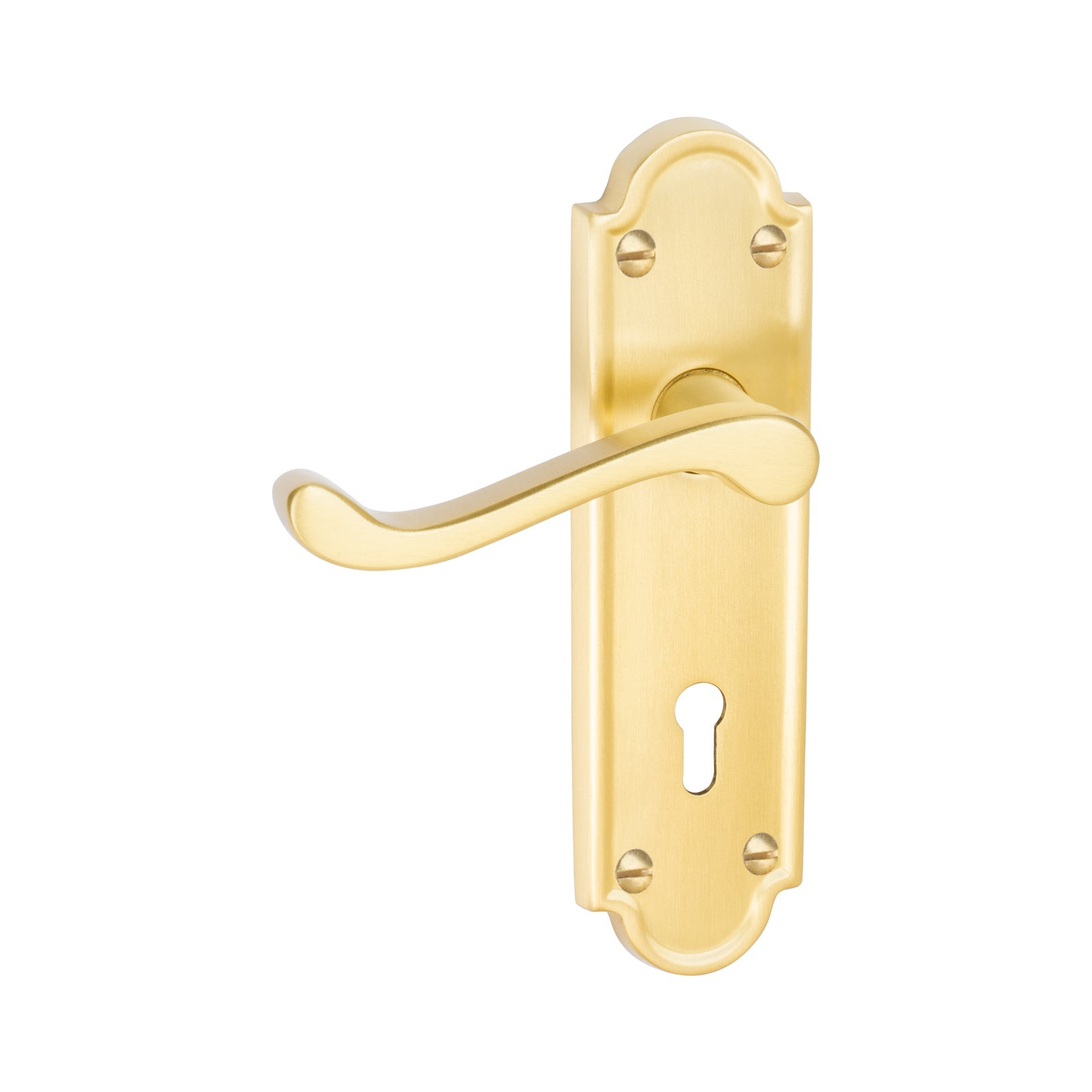 Meridian Door Handles On Plate Lock Handle in Satin Brass