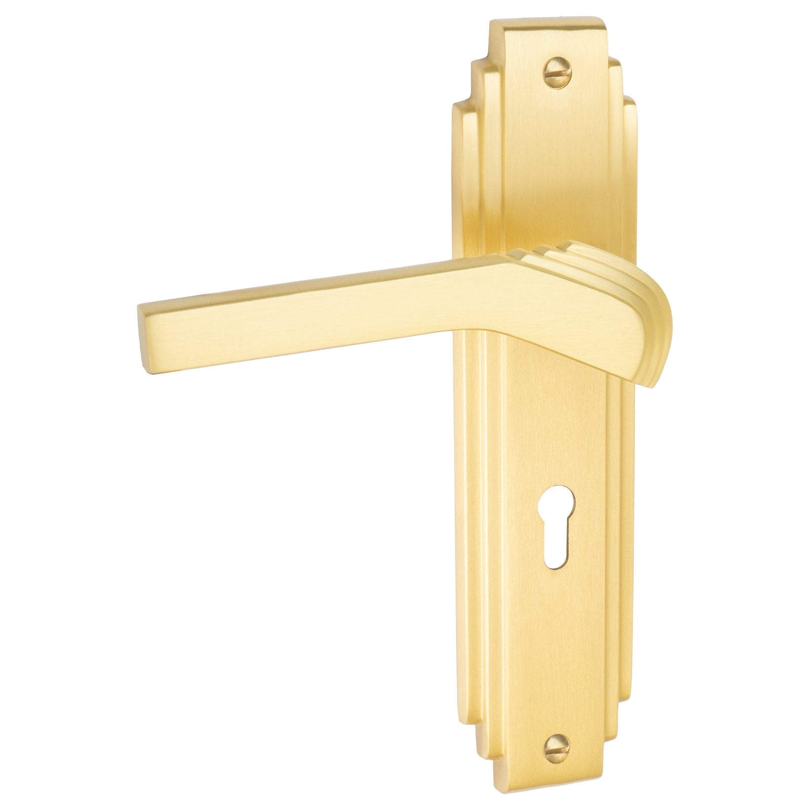 Tiffany Door Handles On Plate Lock Handle in Satin Brass