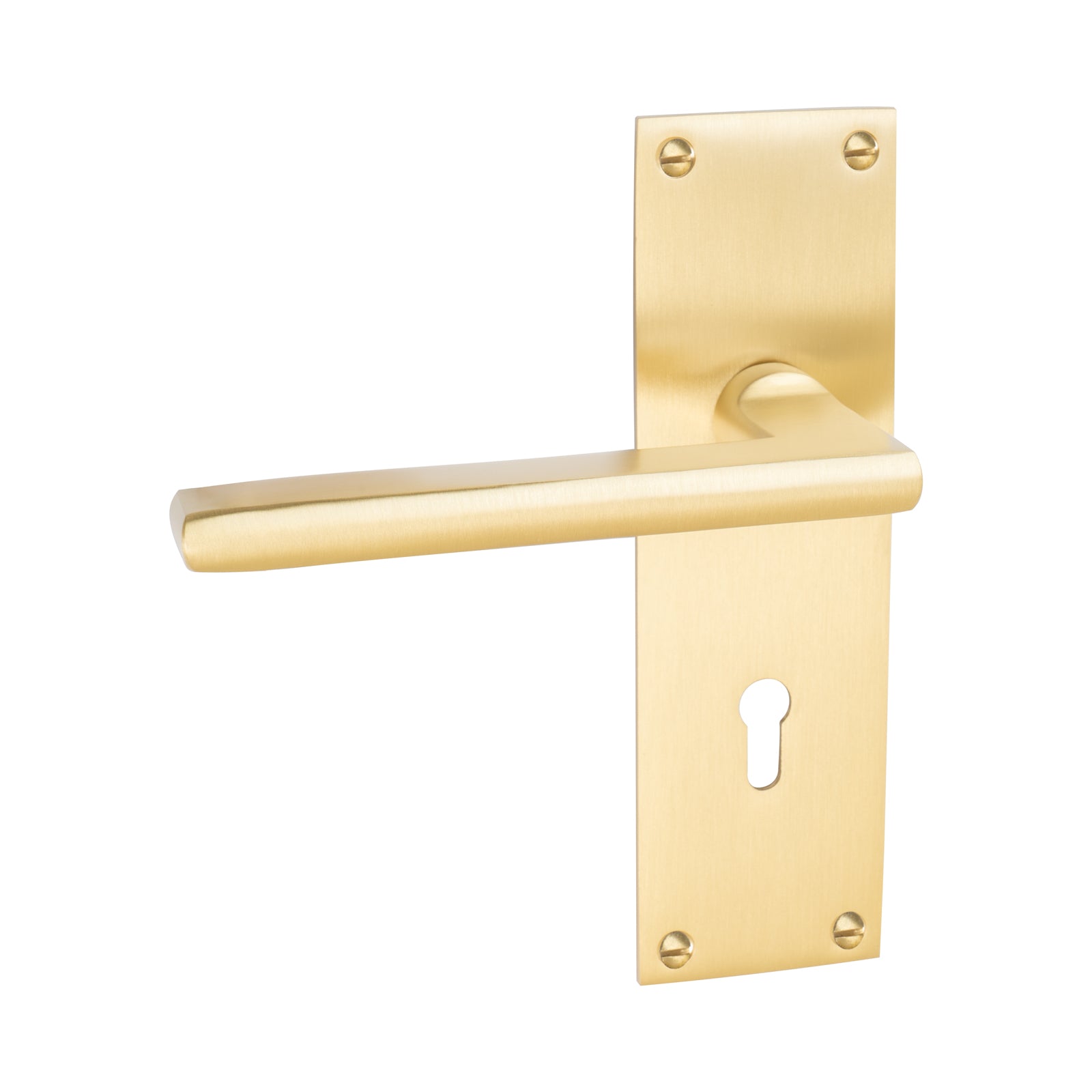 Trident Door Handles On Plate Lock Handle in Satin Brass