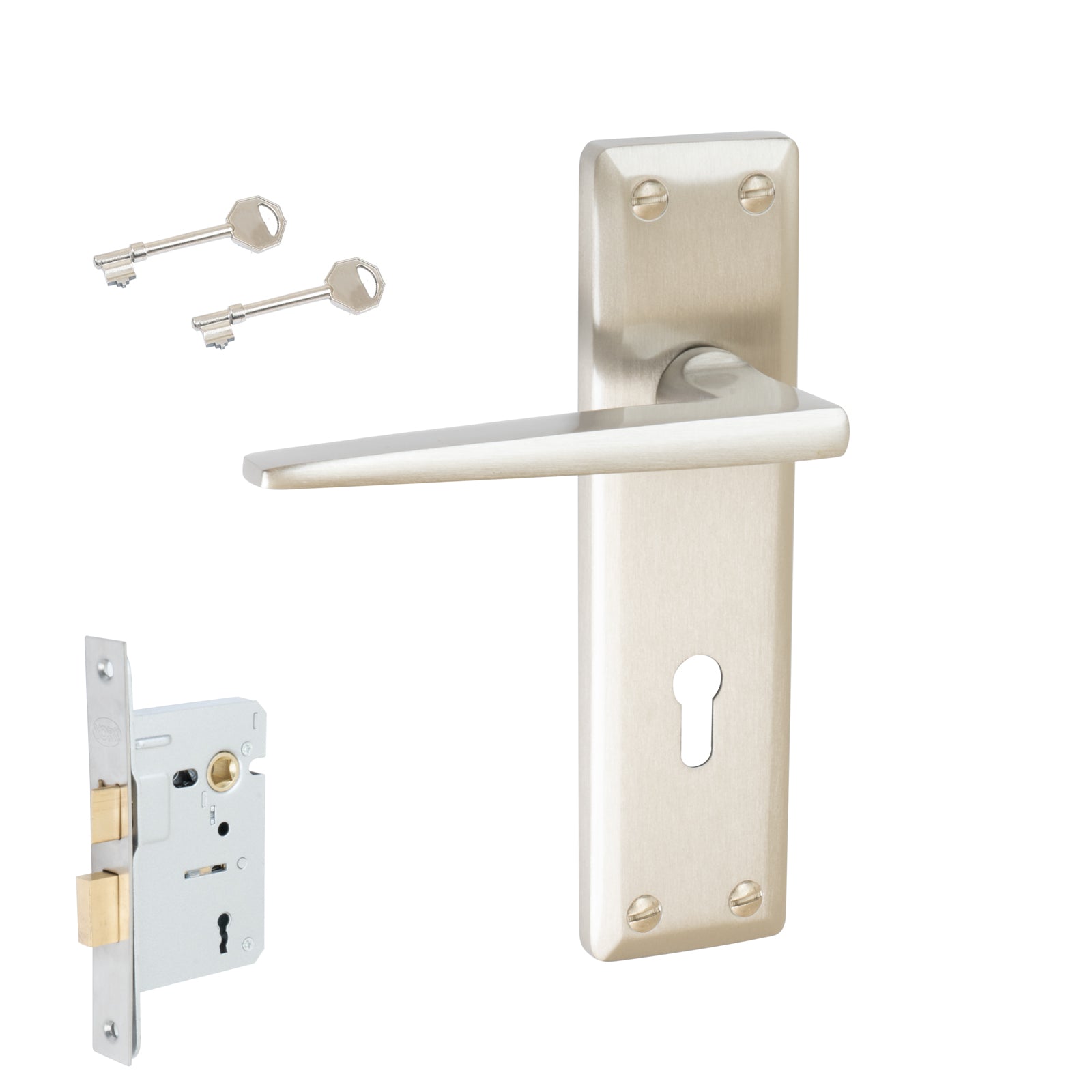 Kendal Door Handles On Plate Lock Handle Set in Satin Nickel