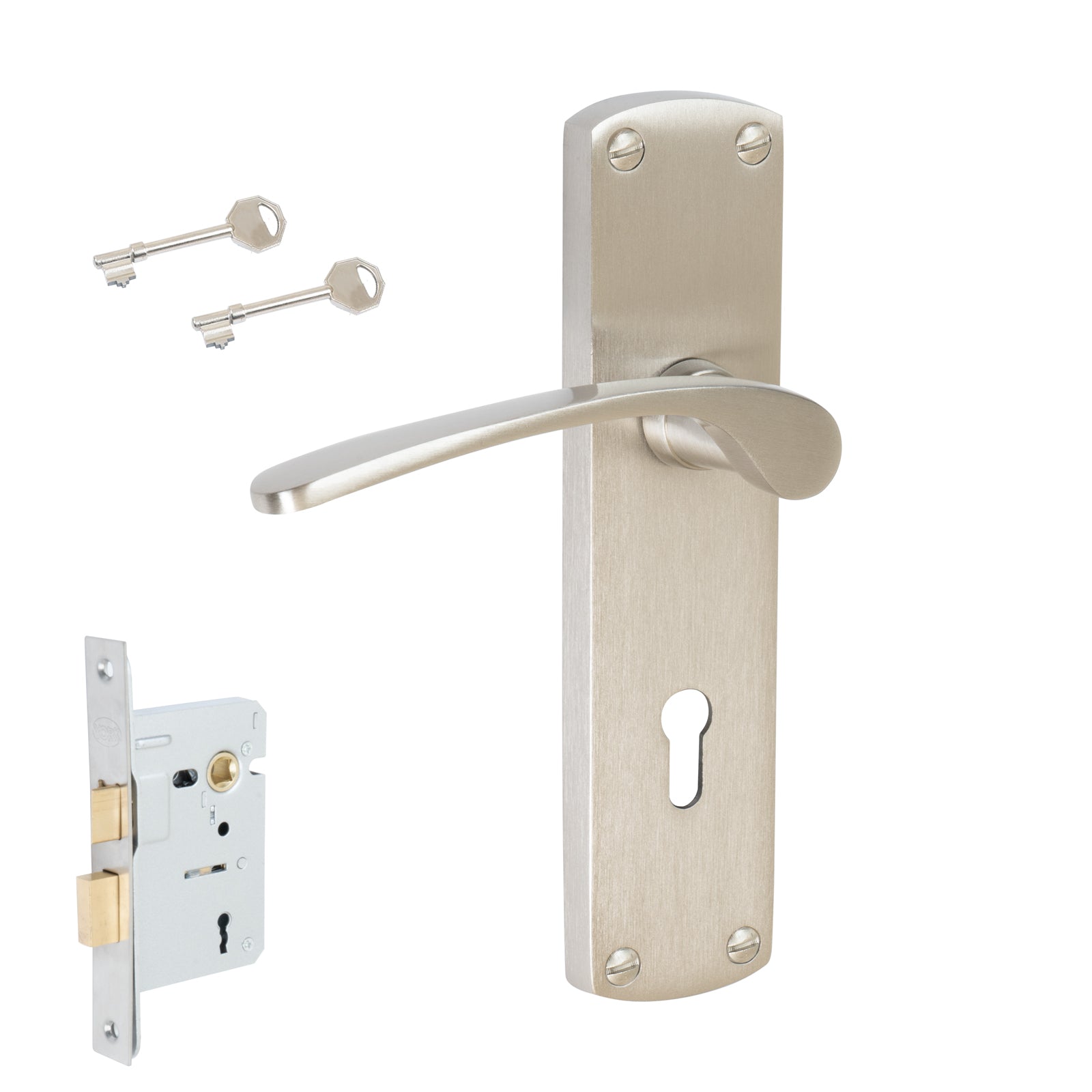 Diplomat Door Handles On Plate Lock Handle Set in Satin Nickel