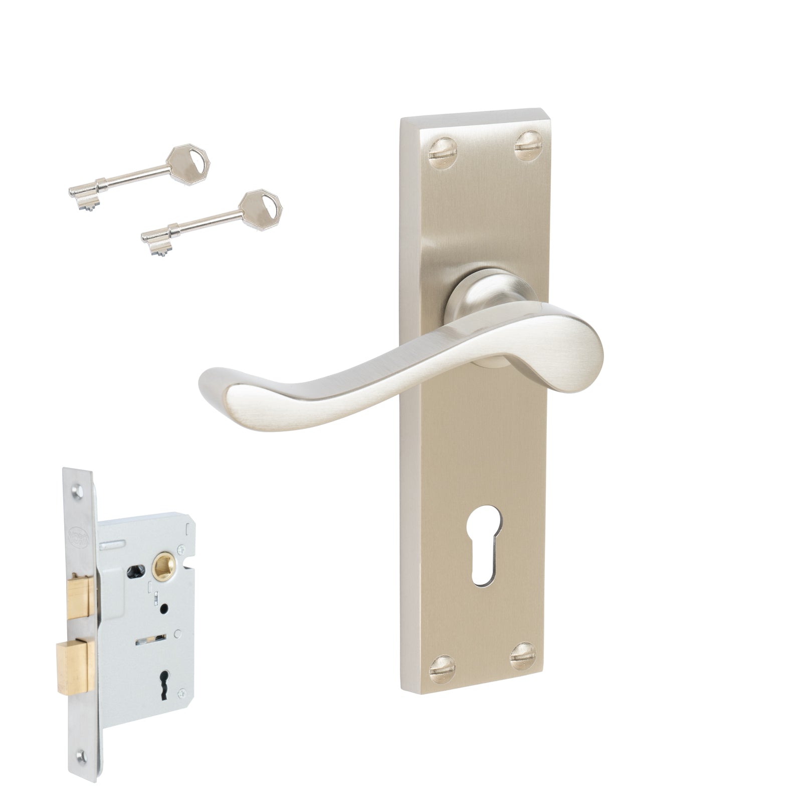 Bedford Door Handles On Plate Lock Handle Set in Satin Nickel