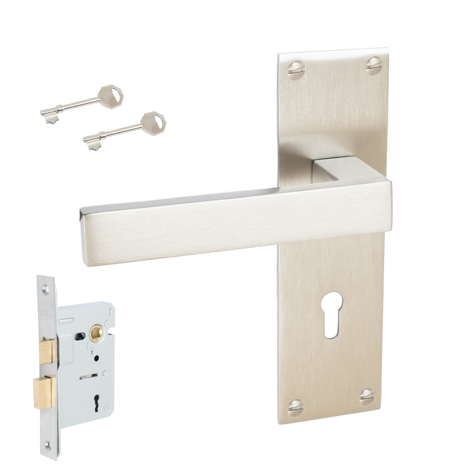 Metro Door Handles On Plate Lock Handle Set in Satin Nickel 