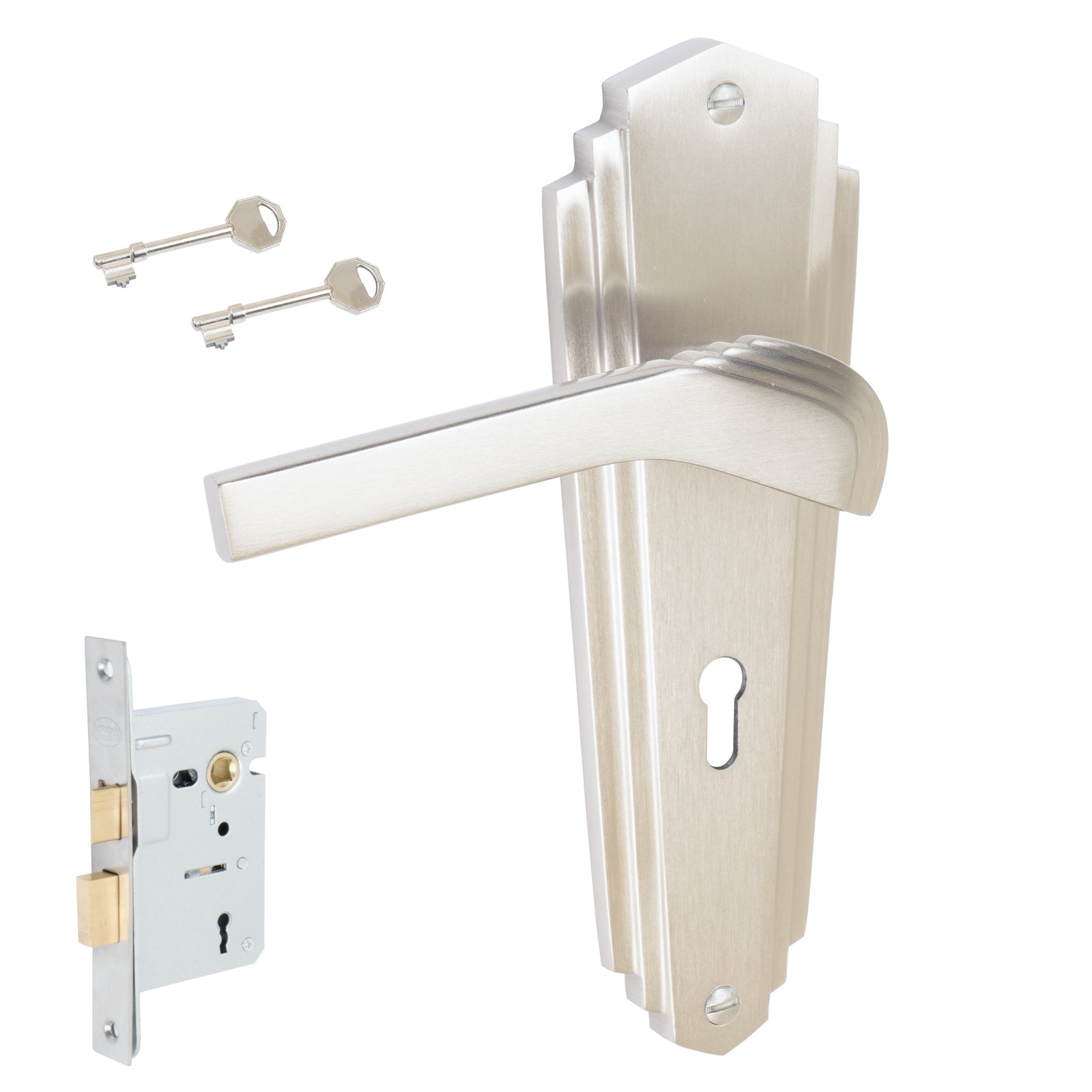 Waldorf Door Handles On Plate Lock Handle Set in Satin Nickel