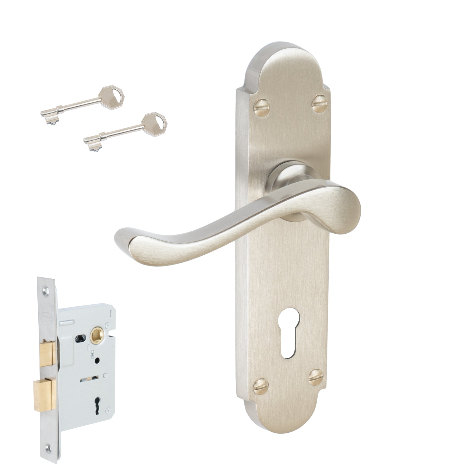 Savoy Door Handles On Plate Lock Handle Set in Satin Nickel