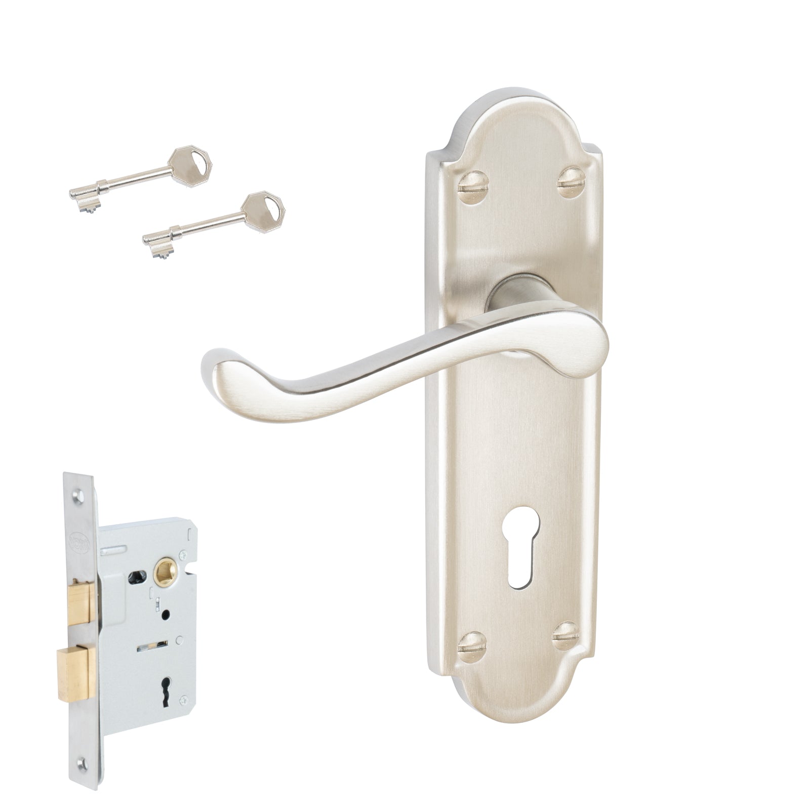 Meridian Door Handles On Plate Lock Handle Set in Satin Nickel