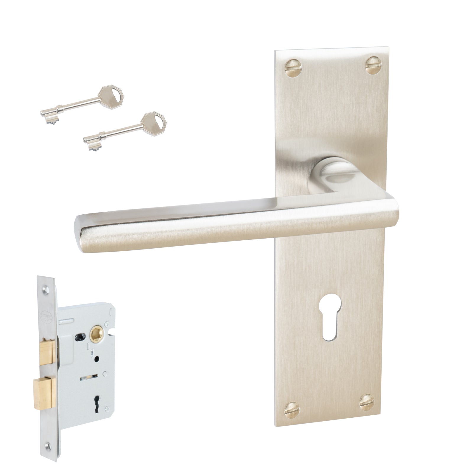 Trident Door Handles On Plate Lock Handle Set in Satin Nickel