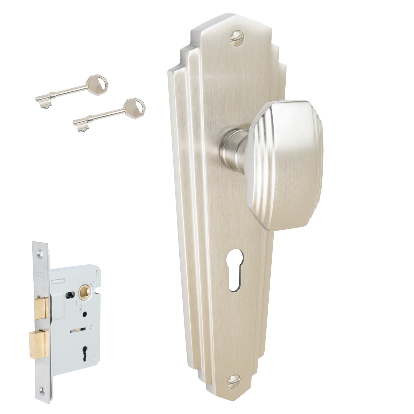 Charlston Door Handles On Plate Lock Handle Set in Satin Nickel