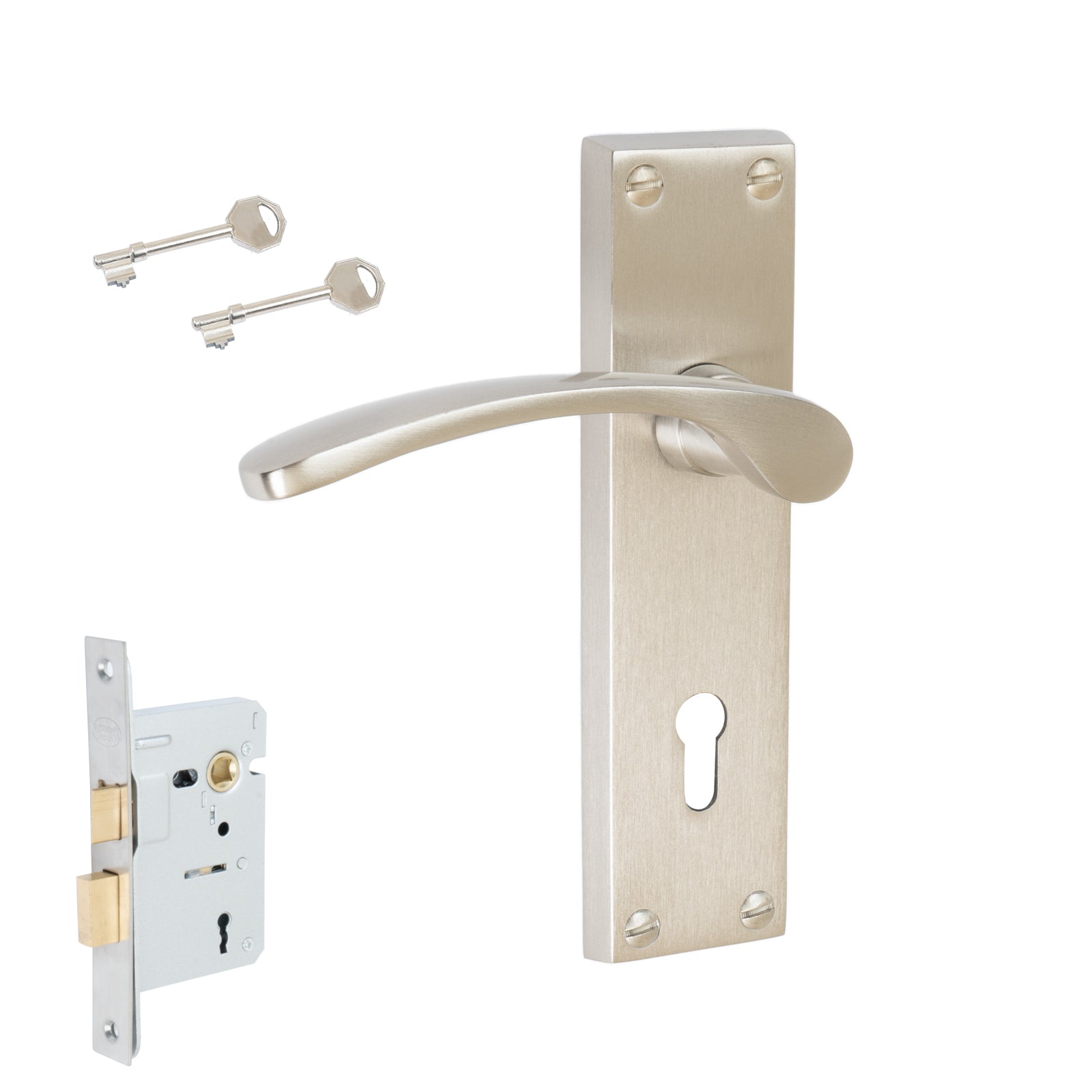 Sophia Door Handles On Plate Lock Handle Set in Satin Nickel