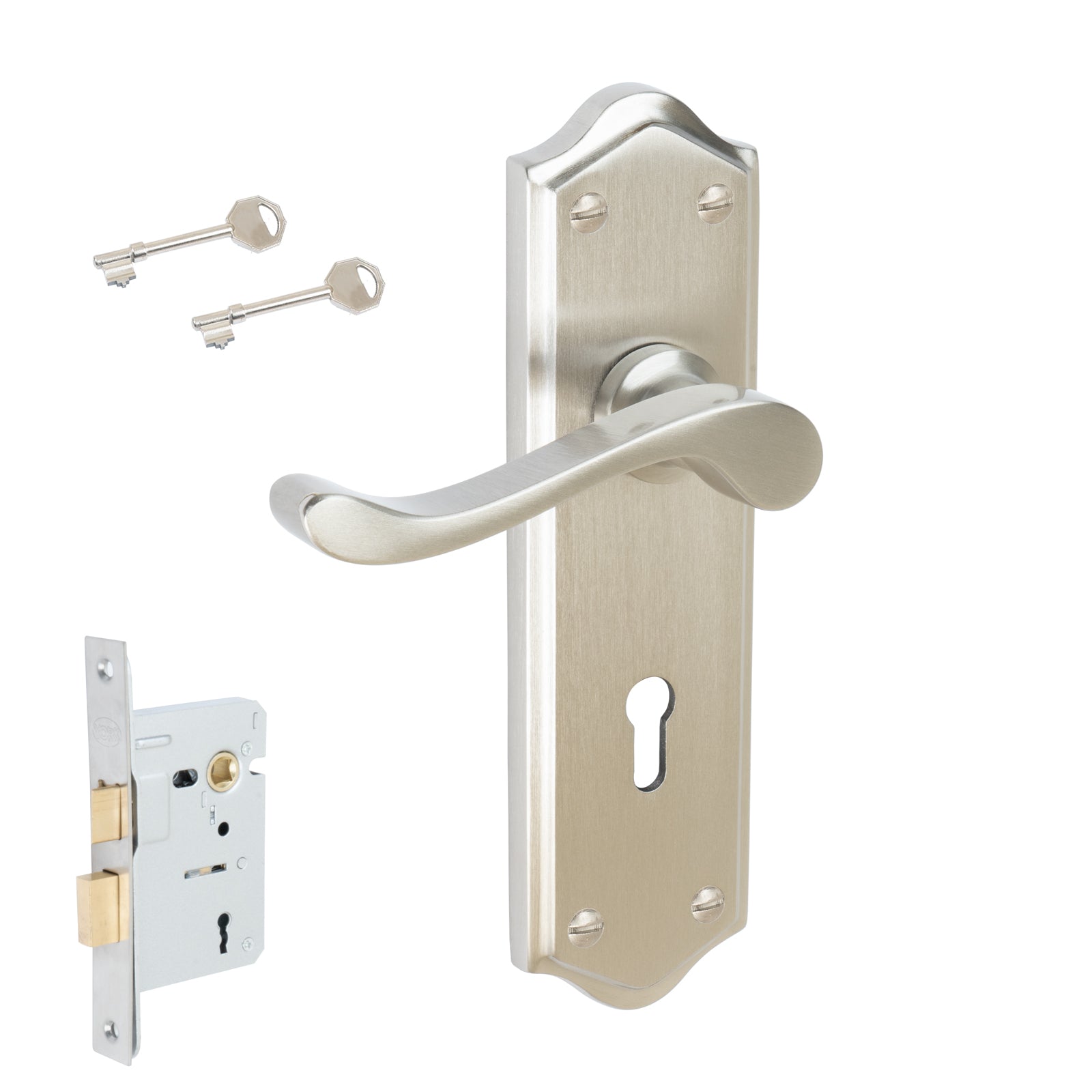 Buckingham Door Handles On Plate Lock Handle Set in Satin Nickel