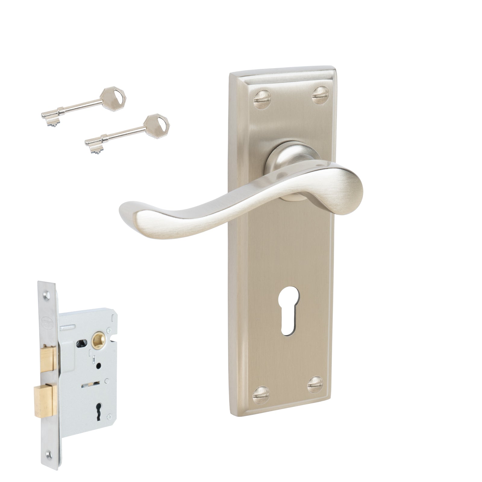 Edwardian Door Handles On Plate Lock Handle Set in Satin Nickel