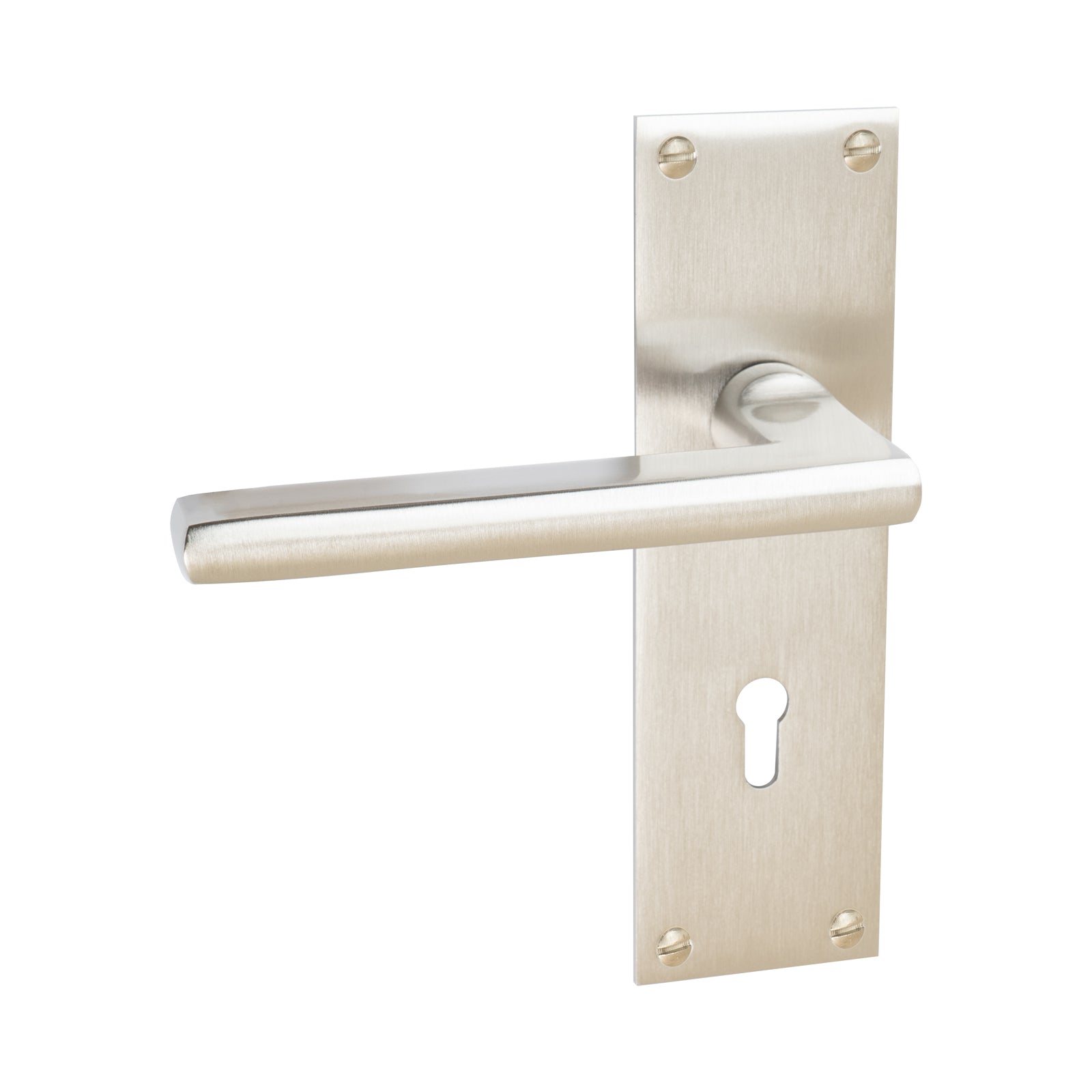 Trident Door Handles On Plate Lock Handle in Satin Nickel