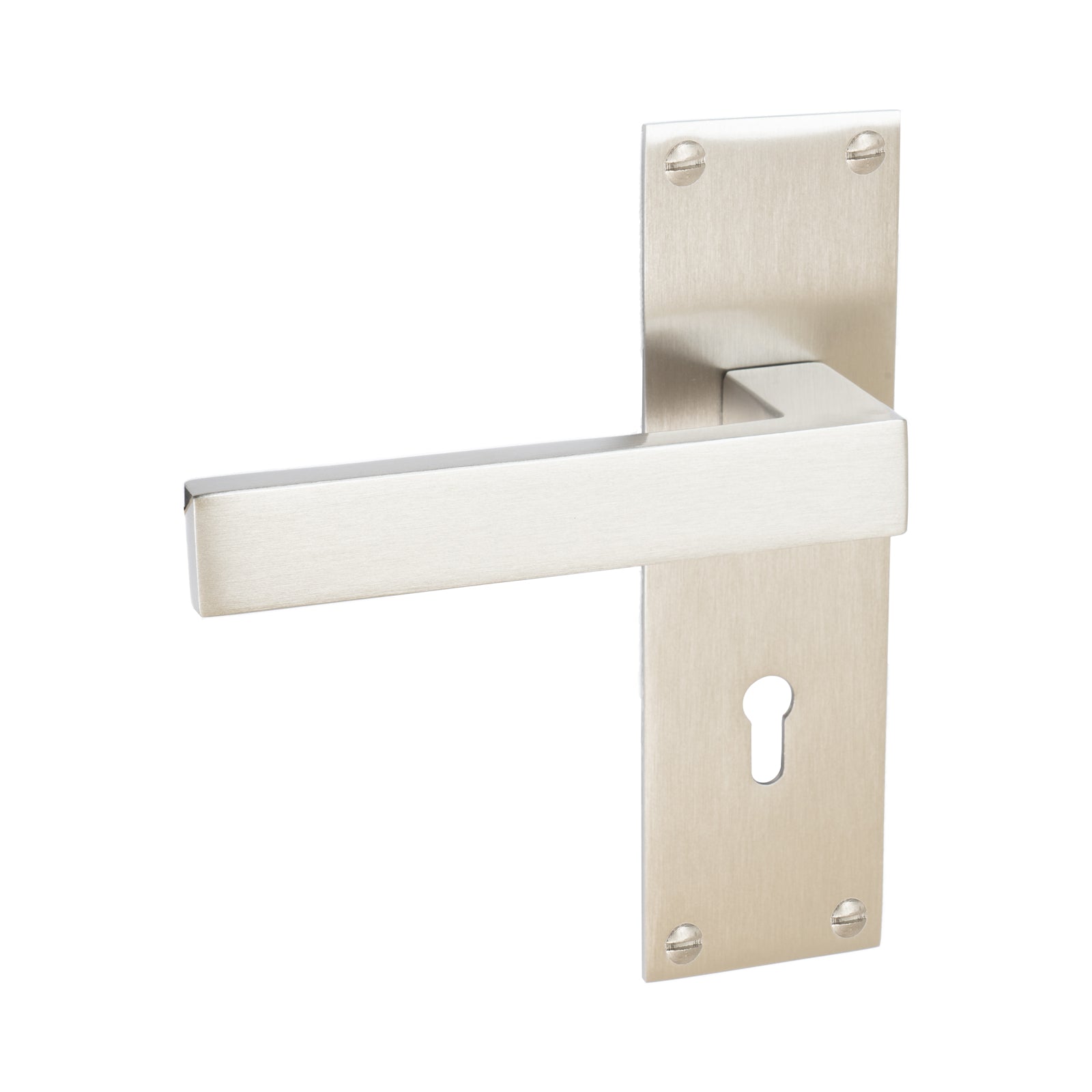 Metro Door Handles On Plate Lock Handle in Satin Nickel 