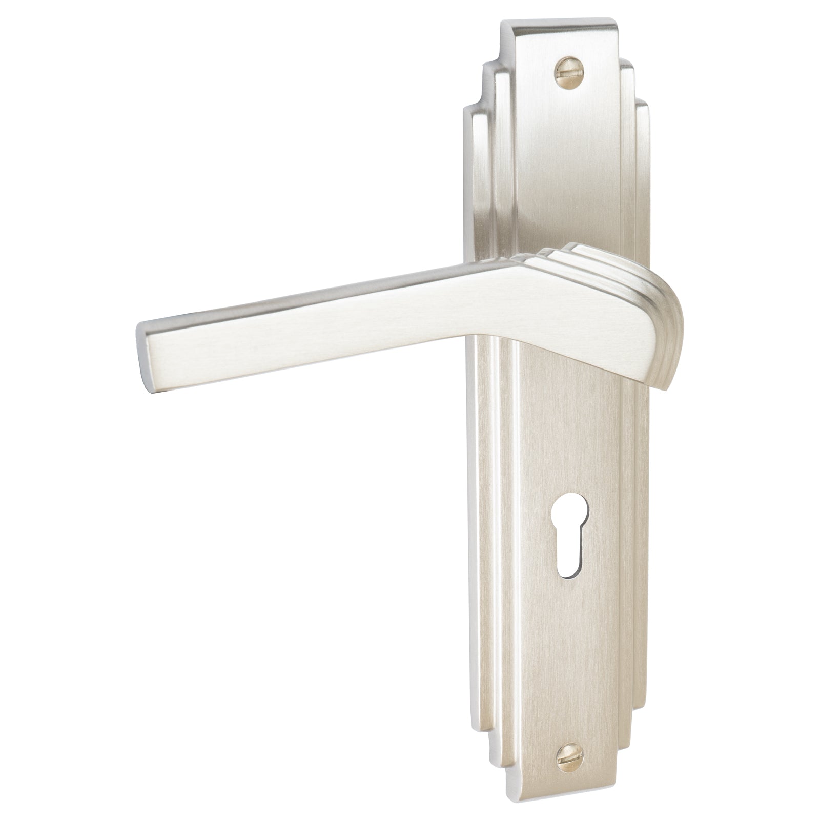 Tiffany Door Handles On Plate Lock Handle in Satin Nickel