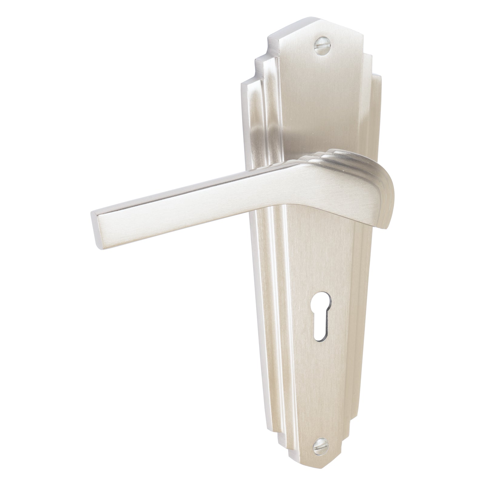 Waldorf Door Handles On Plate Lock Handle in Satin Nickel