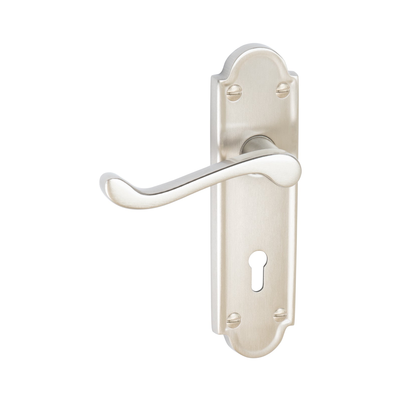 Meridian Door Handles On Plate Lock Handle in Satin Nickel