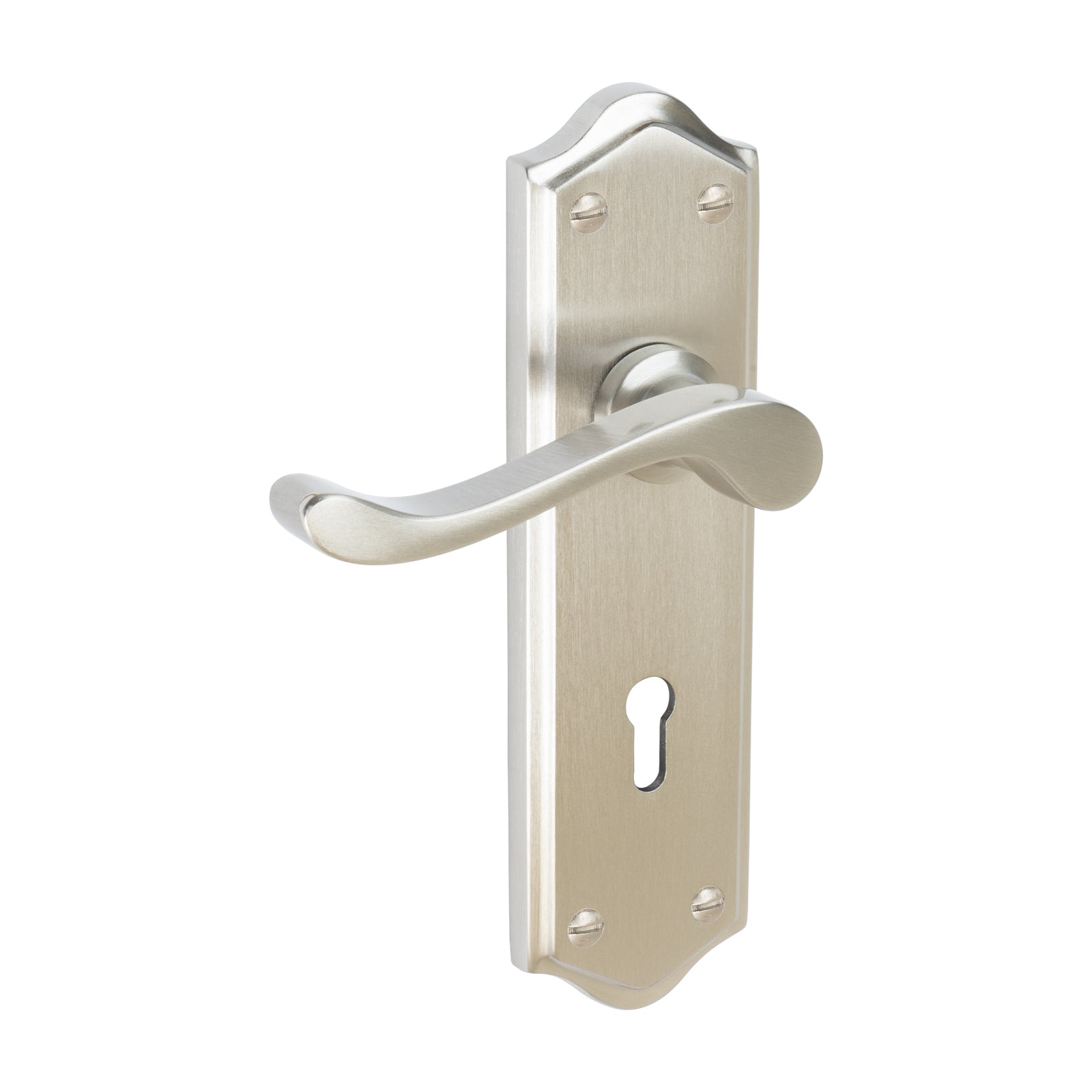 Buckingham Door Handles On Plate Lock Handle in Satin Nickel